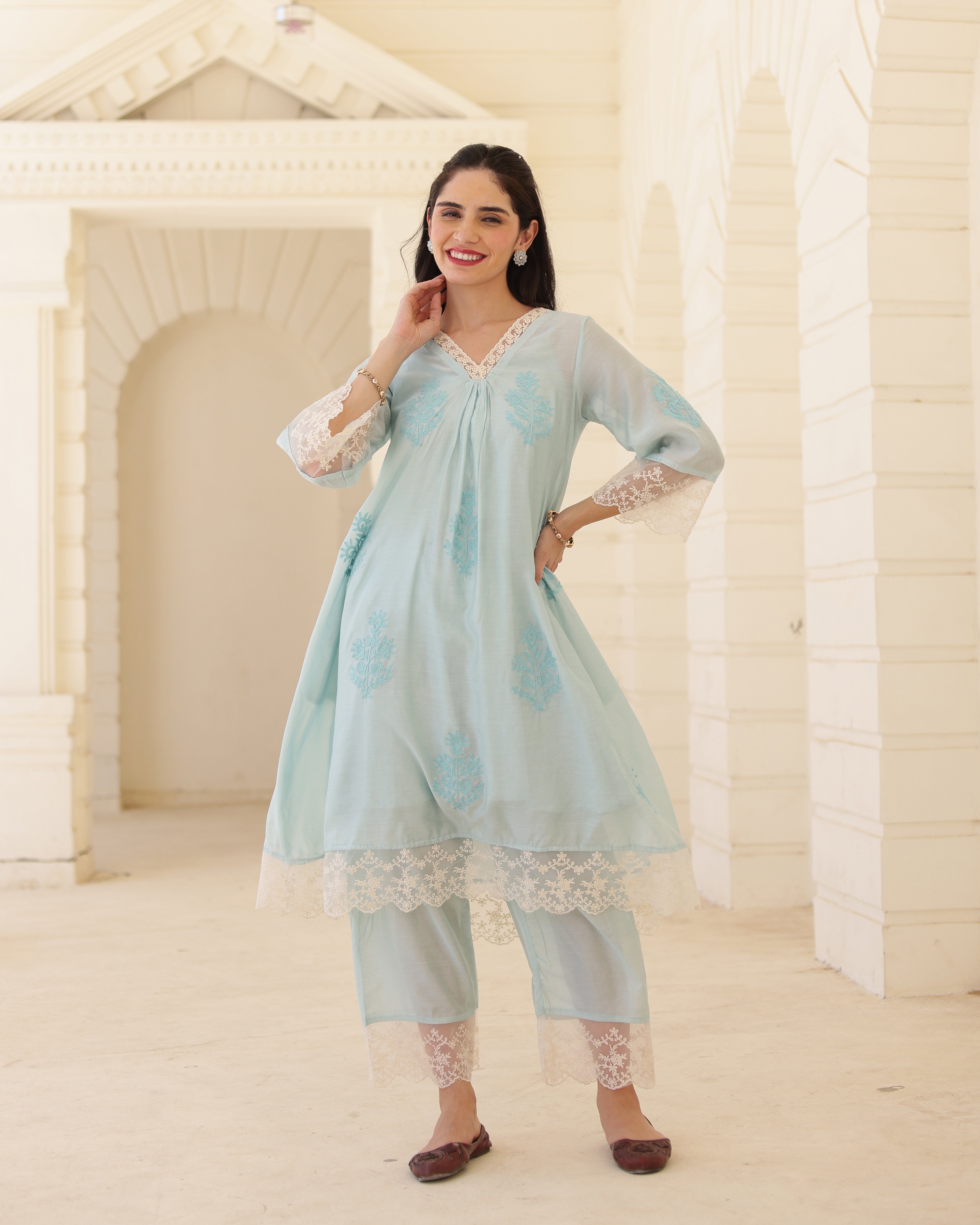 Liora Powder Blue Chanderi Aari Embroidered Suit Set with Lace Dupatta