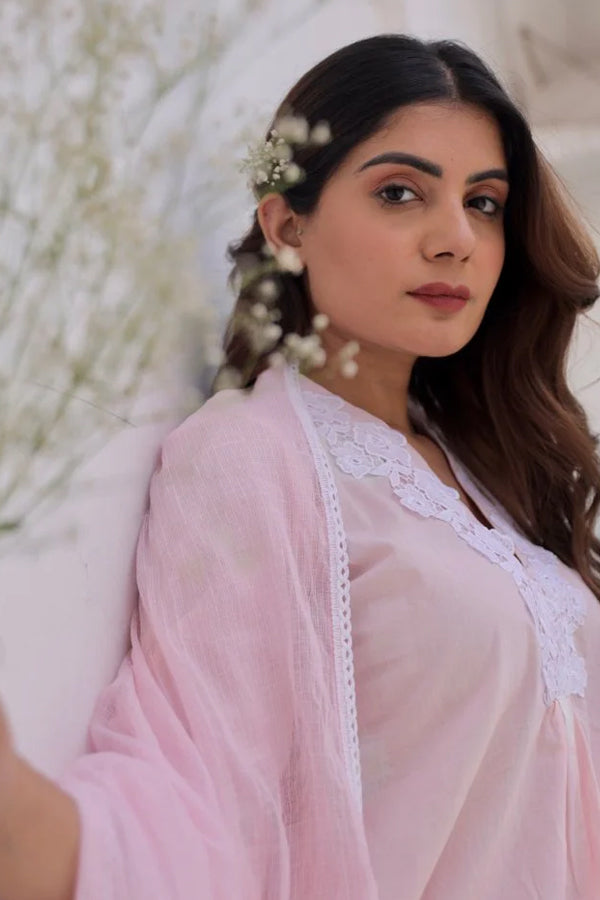 Pink Cotton Tie & Dye White Lace Straight Set with Doriya Dupatta