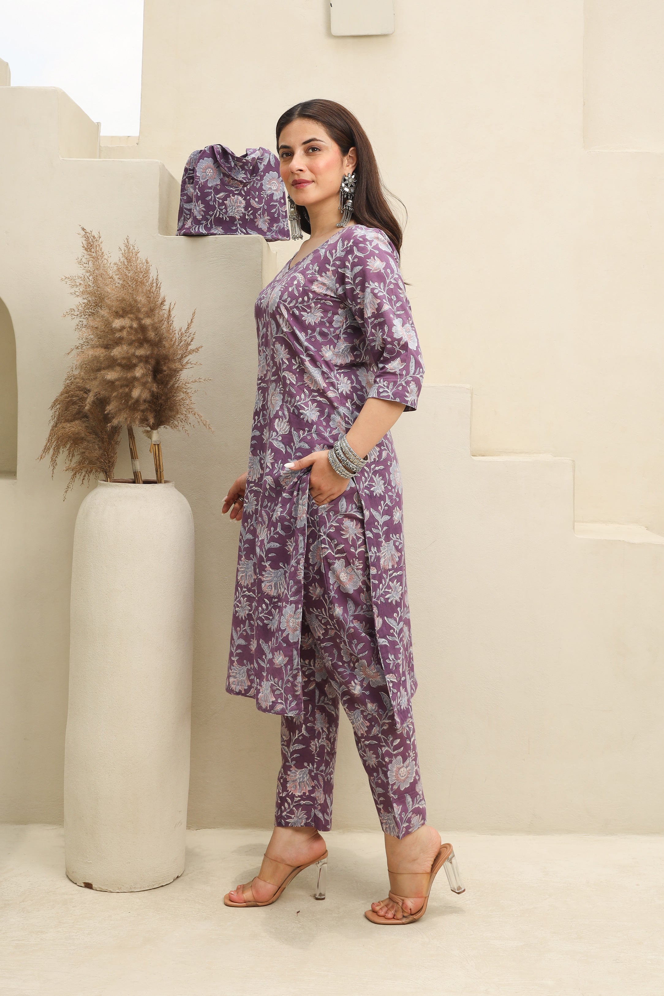 Purple Flowery Cotton Handblock Print Suit Set Asrumo