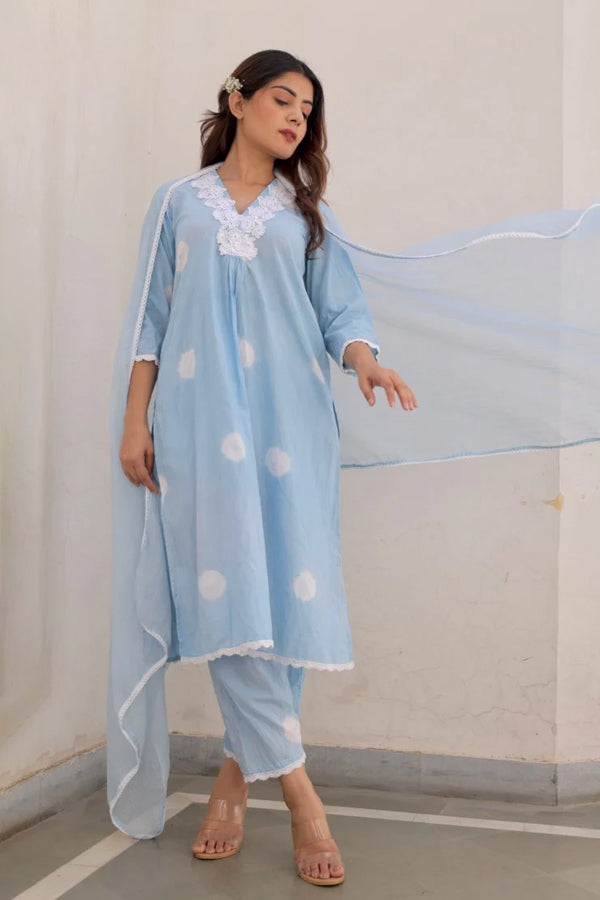 Blue Cotton Tie & Dye White Lace Straight Set with Doriya Dupatta