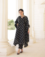 Nero Black Chanderi Hand Dyed Leheriya Kurta Set with Zari Aari Embroidery