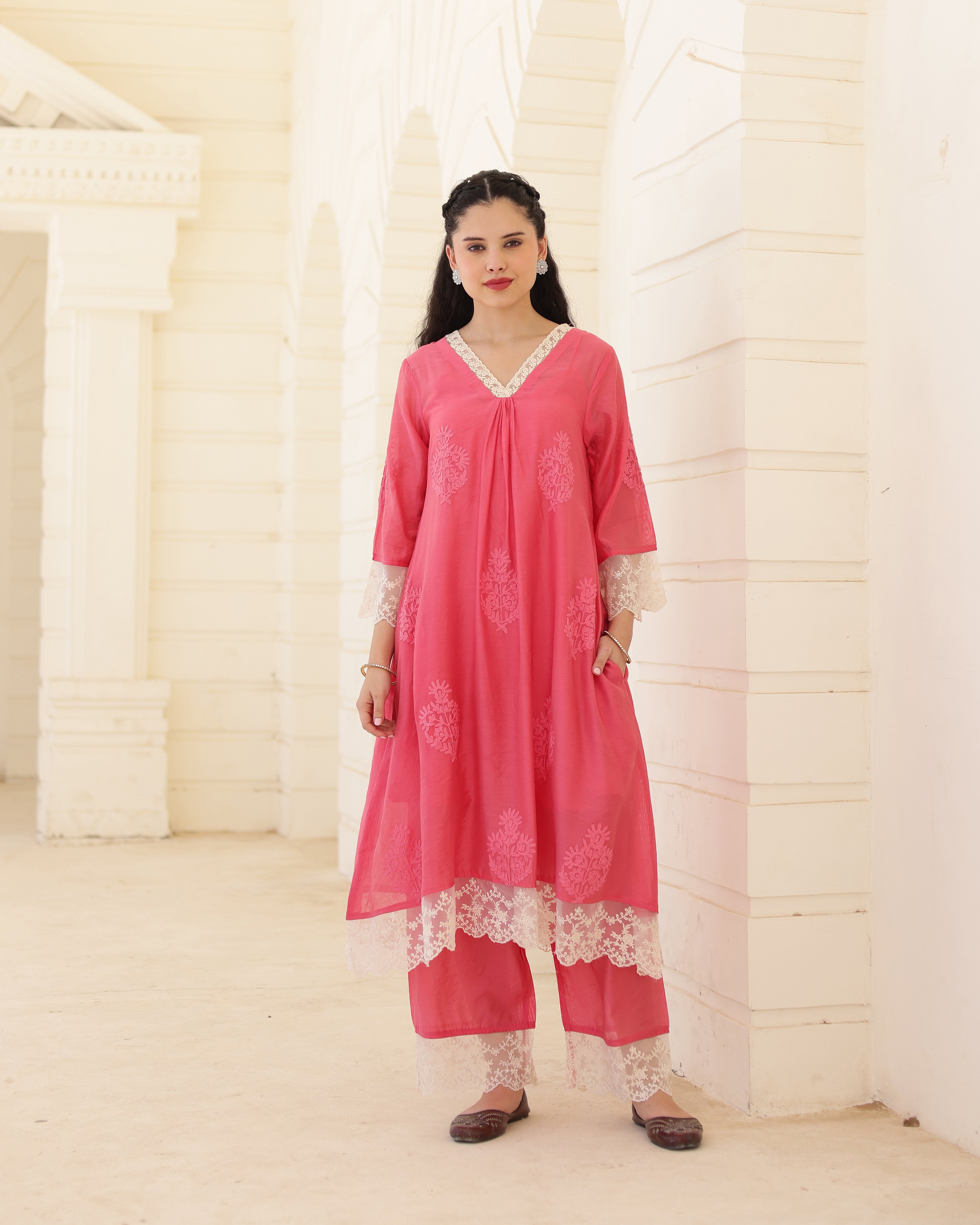 Roséline Pink Chanderi Aari Embroidered Suit Set with Lace Dupatta