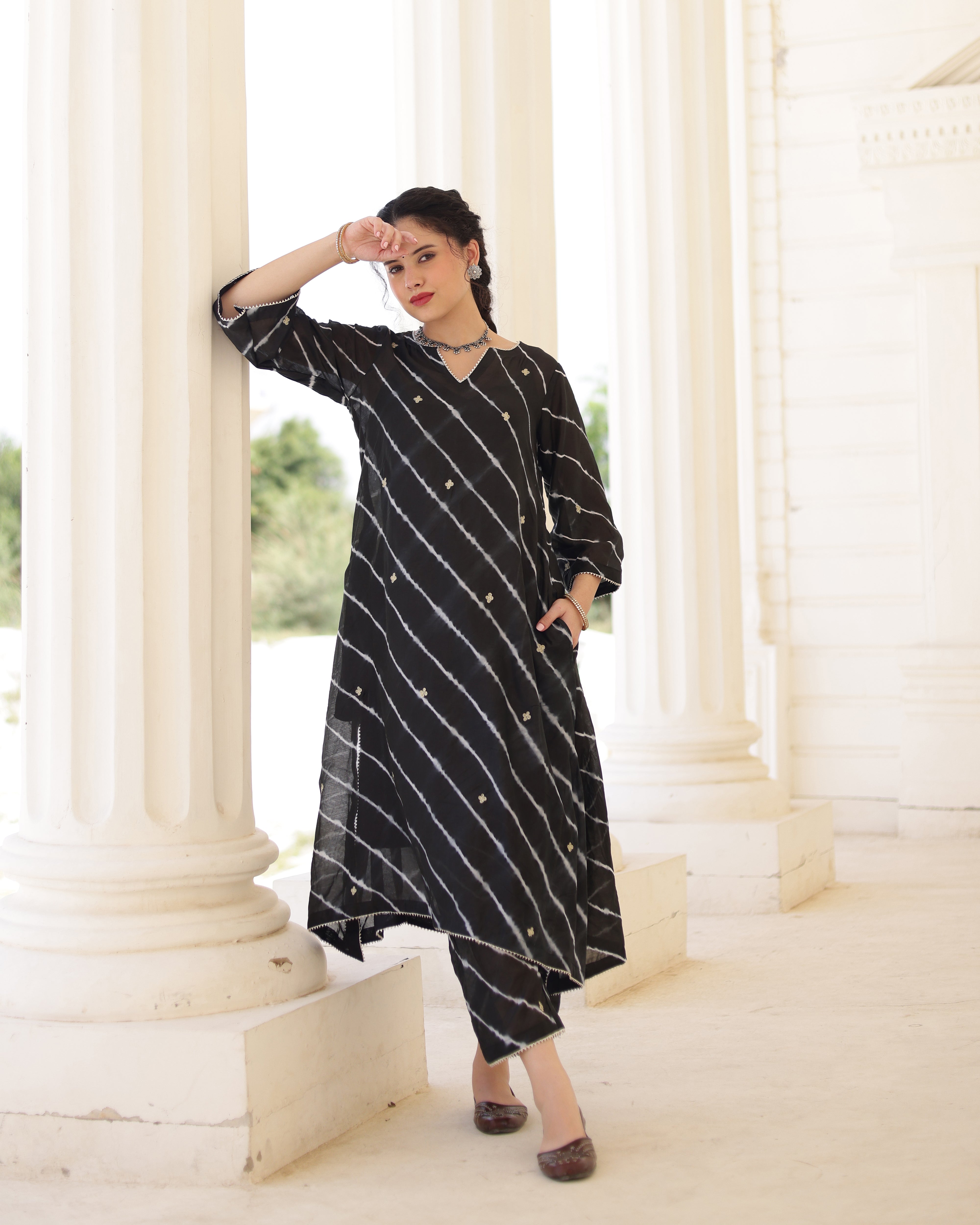 Nero Black Chanderi Hand Dyed Leheriya Kurta Set with Zari Aari Embroidery