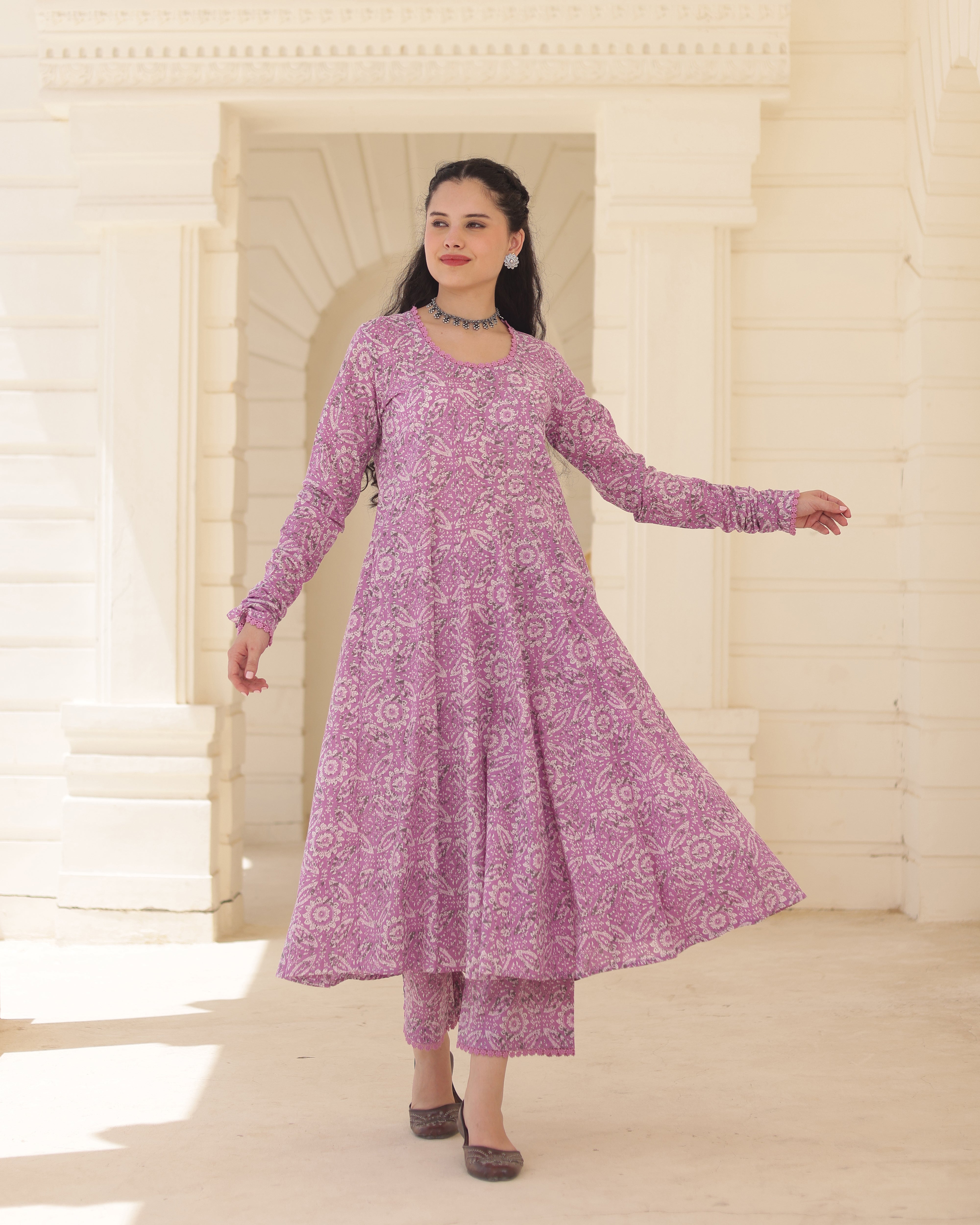 Handblock Lavender heritage Cotton Suit Set with Kota Doria Dupatta