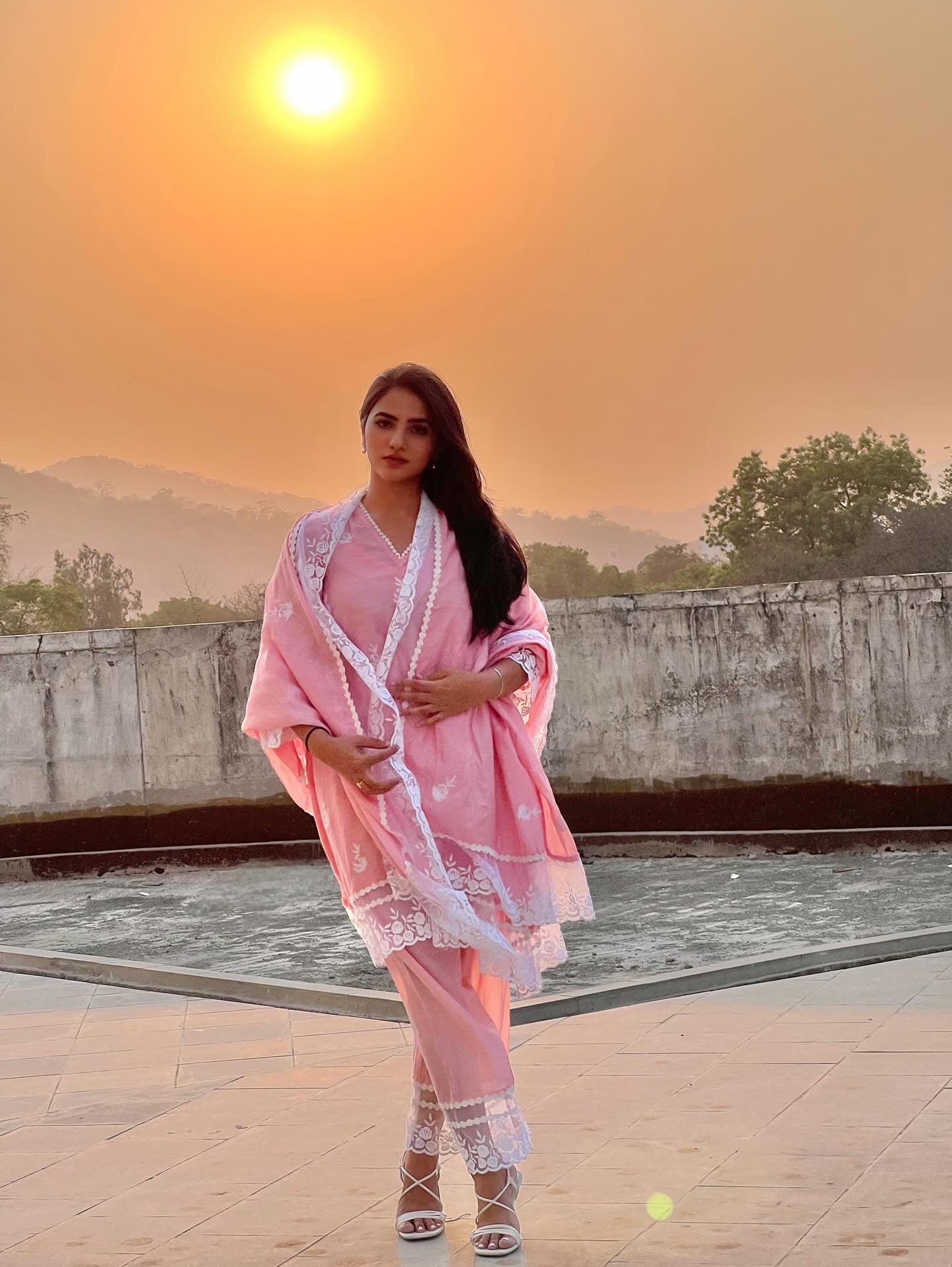 Pink aari embroidery lace detailing A-line set