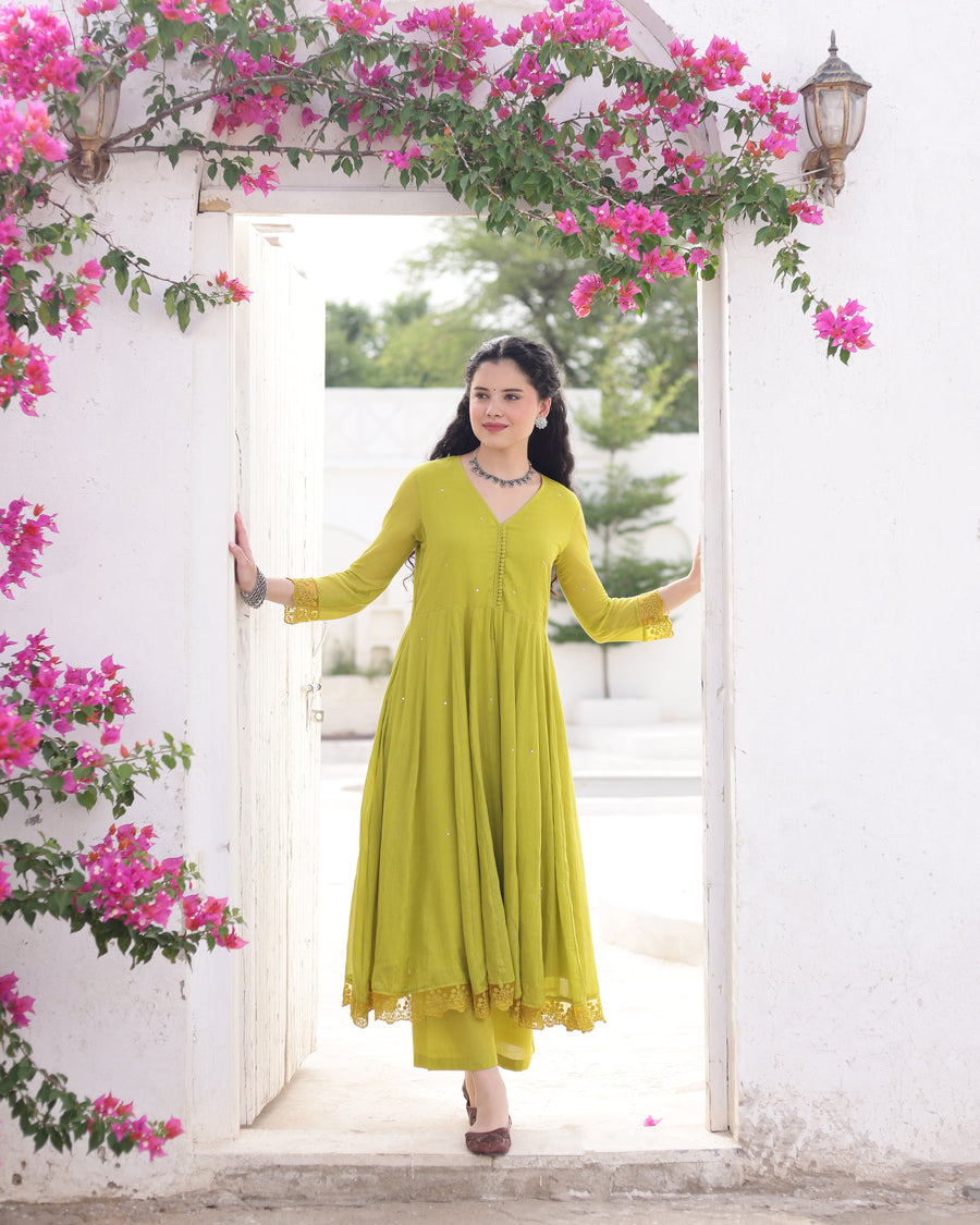 Zariya Pistachio Cotton Mulmul Taari Embroidered Anarkali Suit Set alternate view