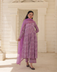 Handblock Lavender heritage Cotton Suit Set with Kota Doria Dupatta
