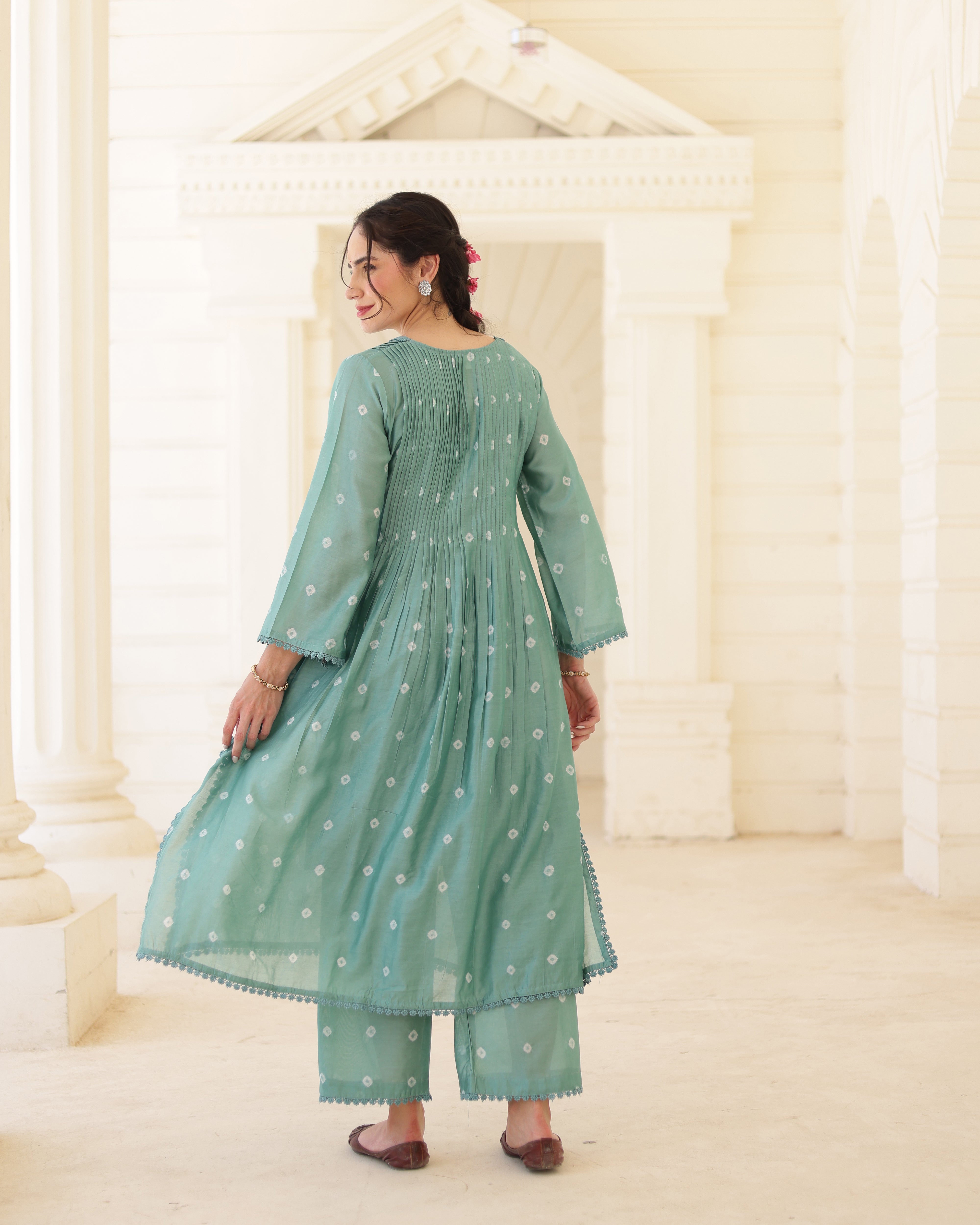 Sage Bloom Green Chanderi Hand Bandhej Suit Set with Dupatta