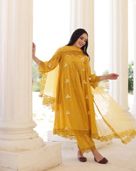 Solea Golden Chanderi Aari Embroidered Kurta Palazzo Set with Lace Dupatta