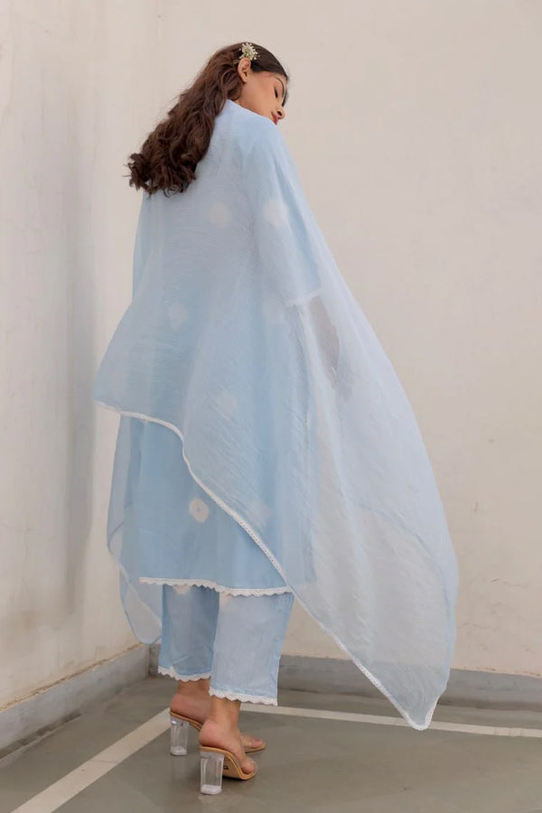 Blue Cotton Tie & Dye White Lace Straight Set with Doriya Dupatta