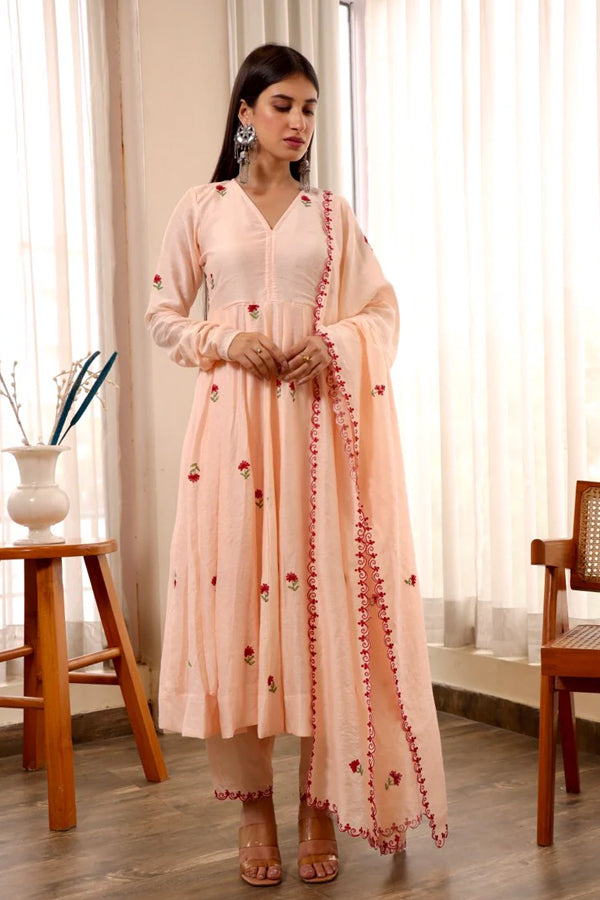 Chanderi peach embroidered anarkali set