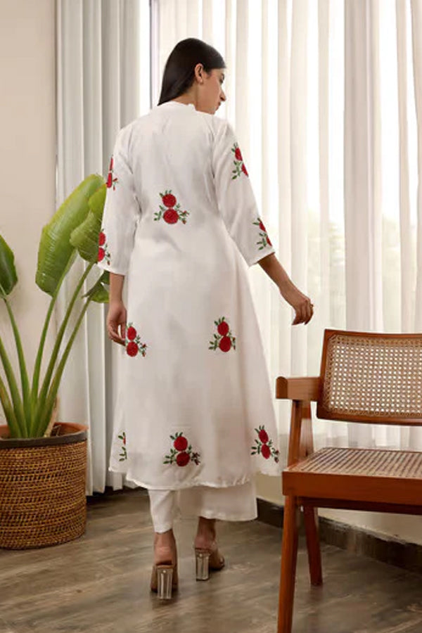 White Muslin Red Flower Embroidered A-Line Straight Set