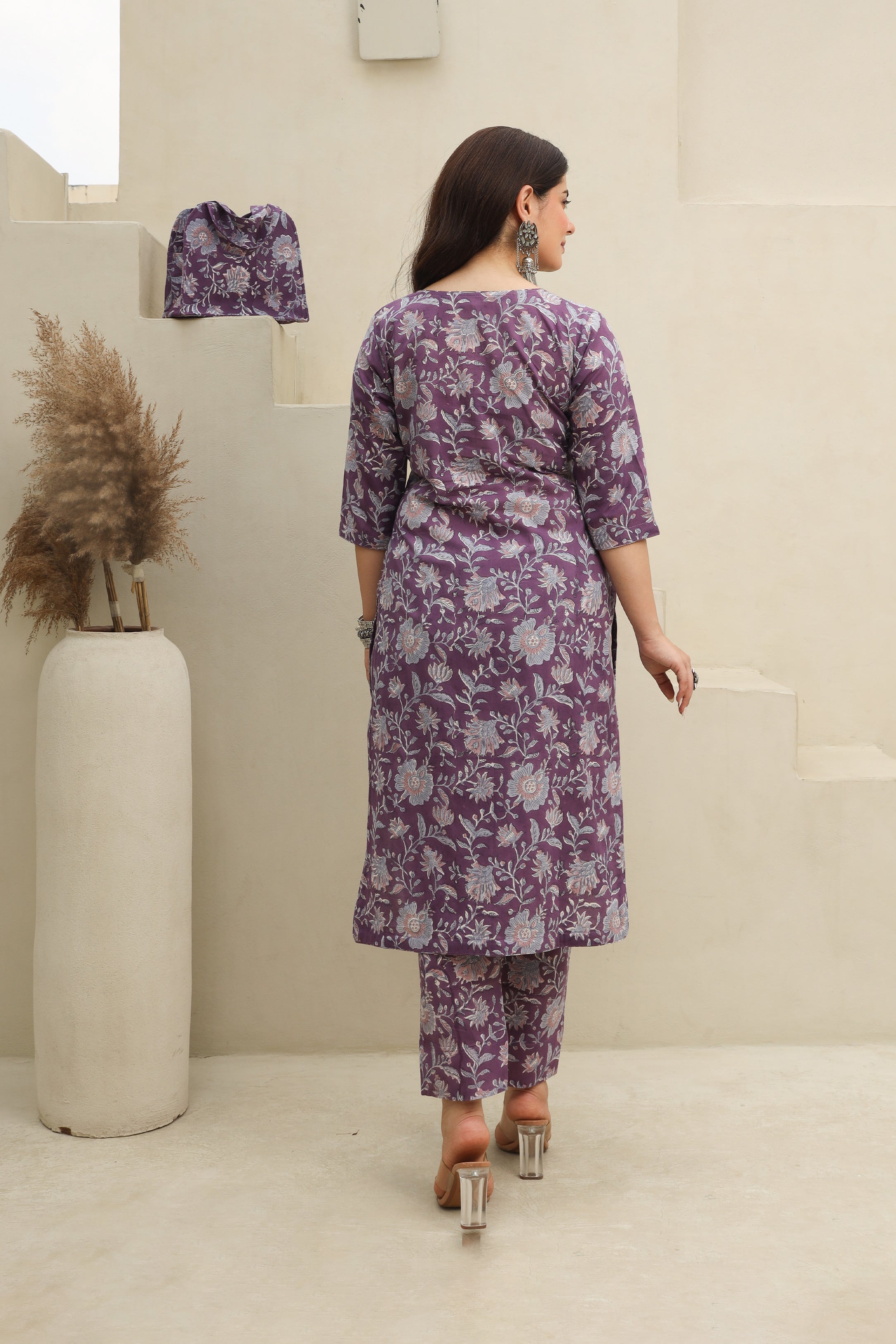 Purple Flowery Cotton Handblock Print Suit Set Asrumo