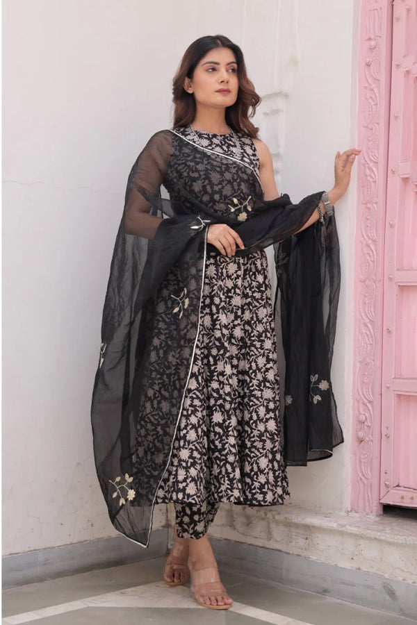 Black Jaal Handblock Cotton Anarkali with Organza gota work Dupatta