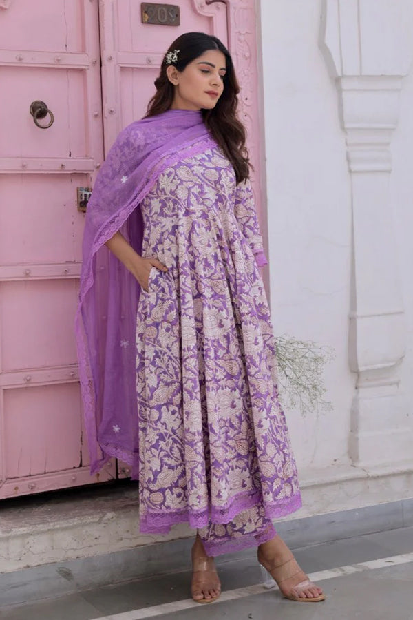 Purple Jaal Handblock Cotton Anarkali With Doriya Dupatta