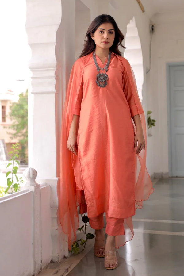 Orange Muslin Straight Set With Organza Dupatta