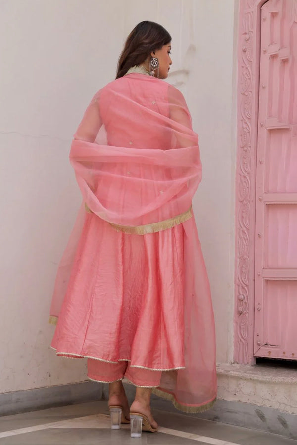 Pink Chanderi Zari work Anarkali with organza dupatta