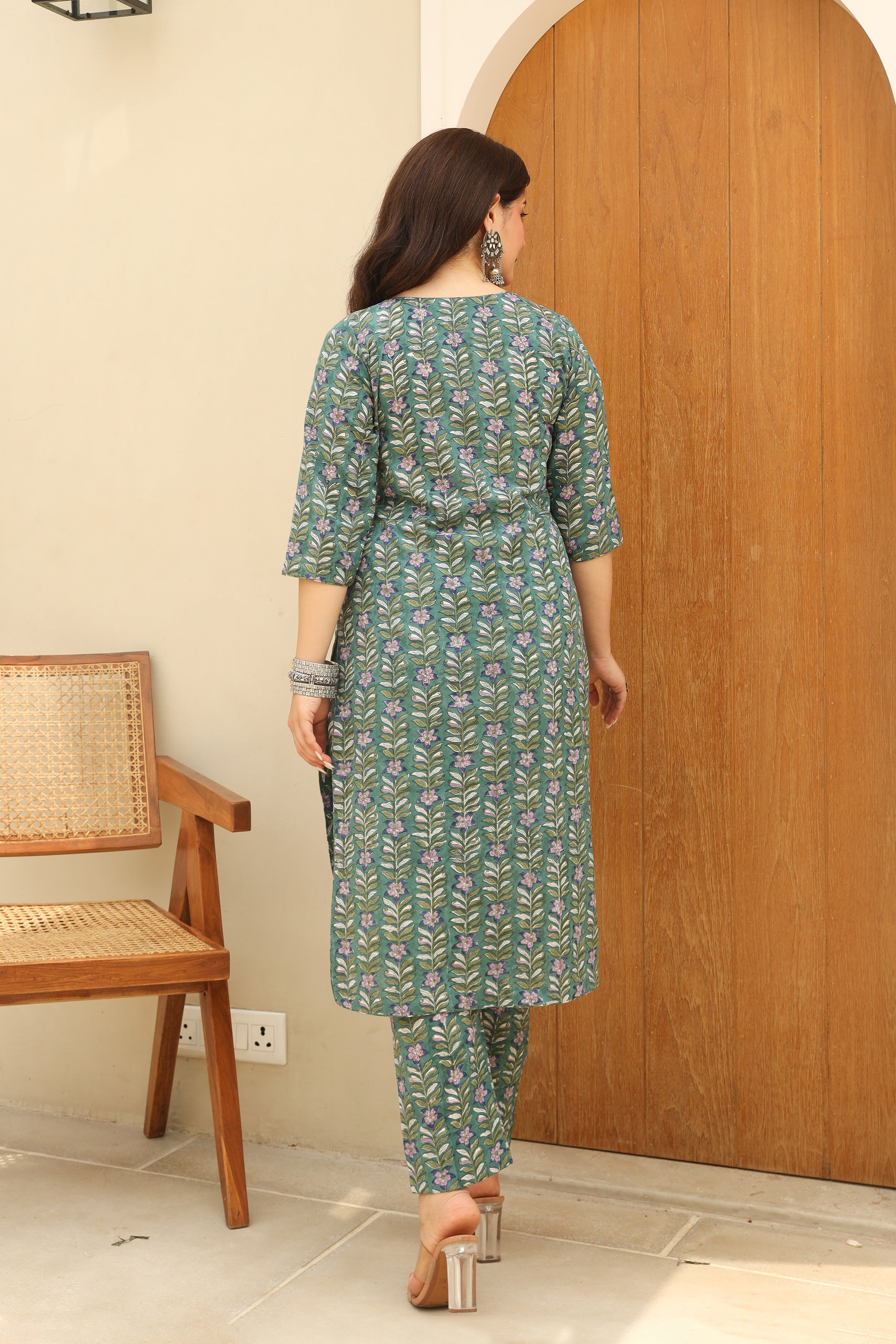 Pine Green Flowery Cotton Handblock Print Suit Set Asrumo