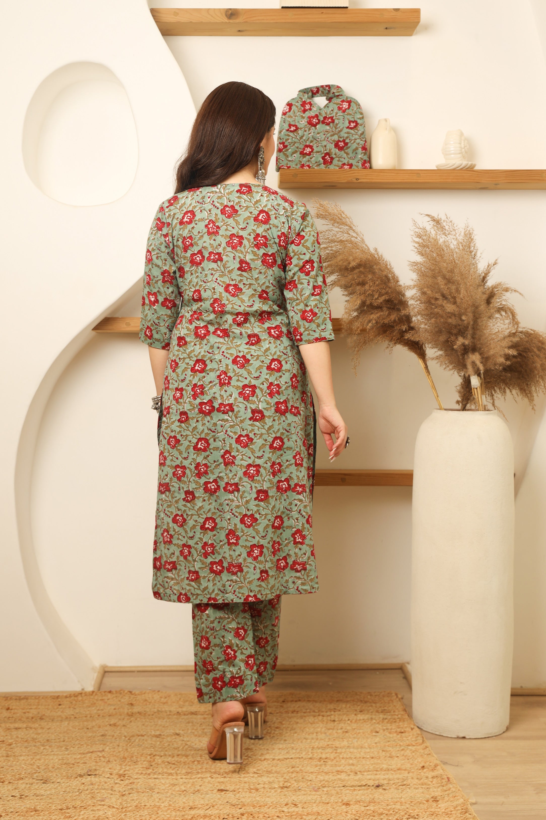 Green Red Flowery Cotton Handblock Print Suit Set Asrumo