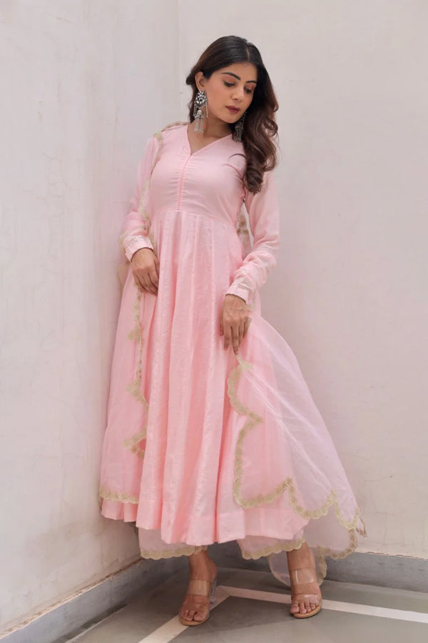 Pink Anarkali With Zari work organza dupatta