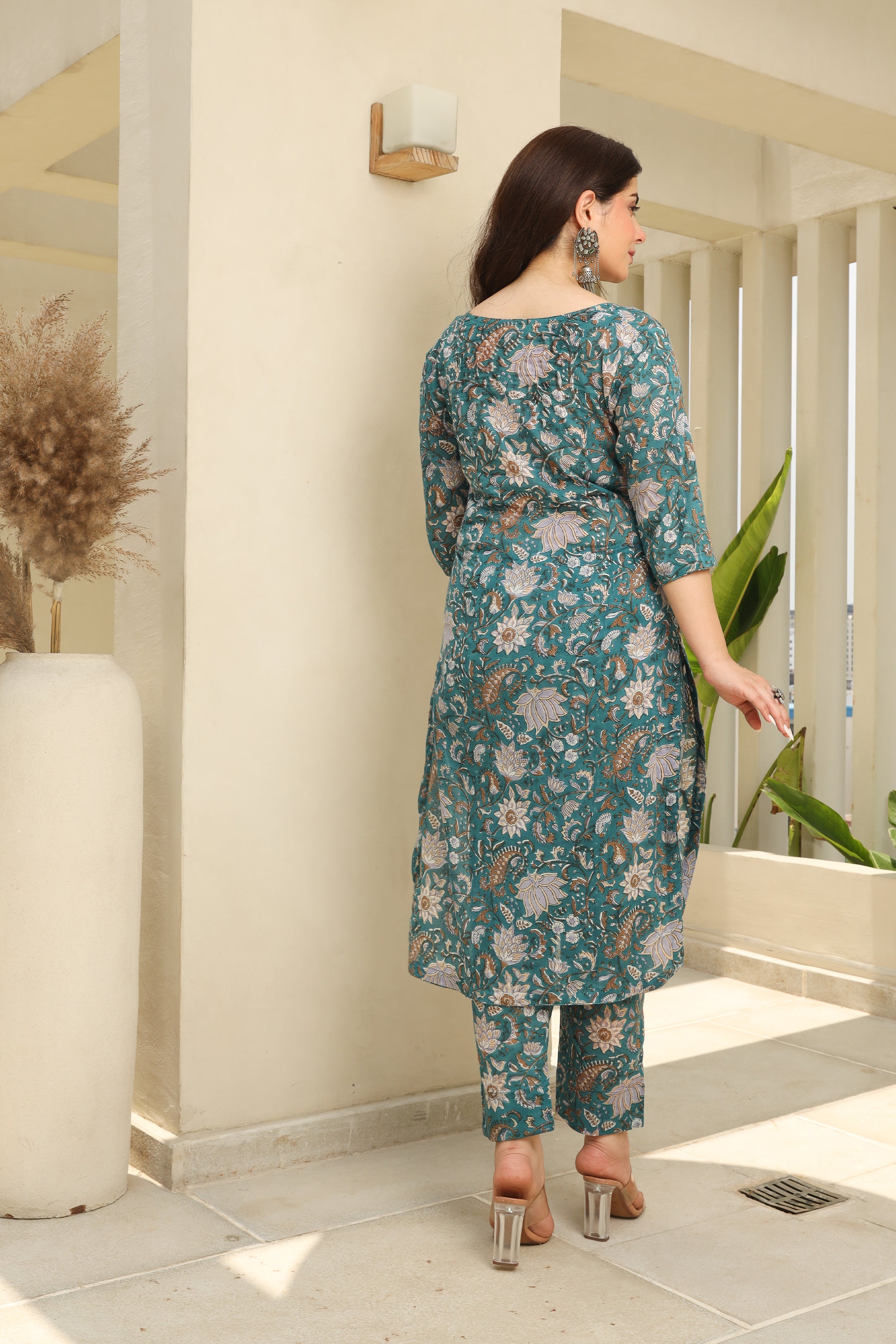 Sea Green Flowery Cotton Handblock Print Suit Set Asrumo