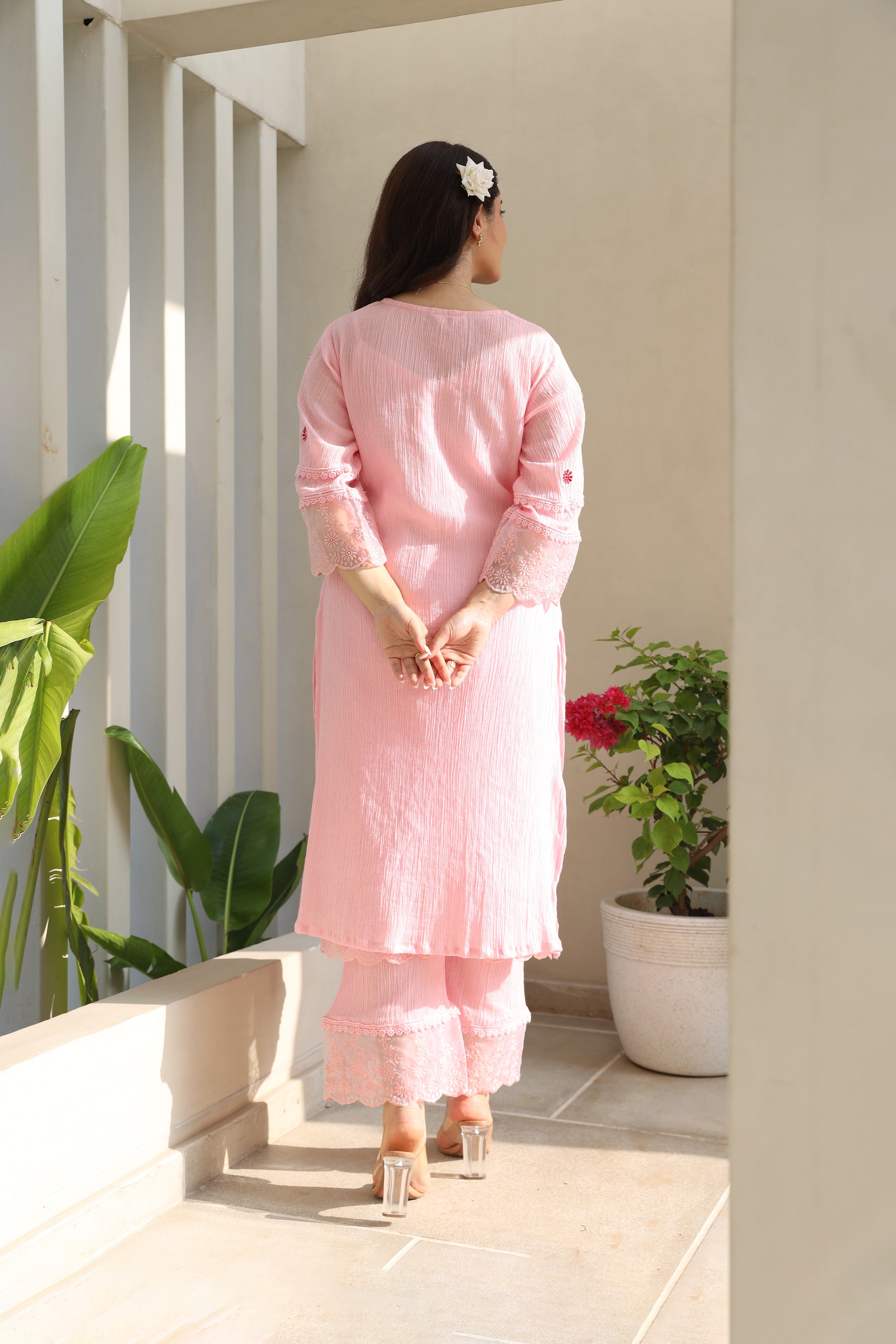 Floral Elegance Pink Cotton Gauze Kurta Set with Kota Doriya Dupatta Asrumo