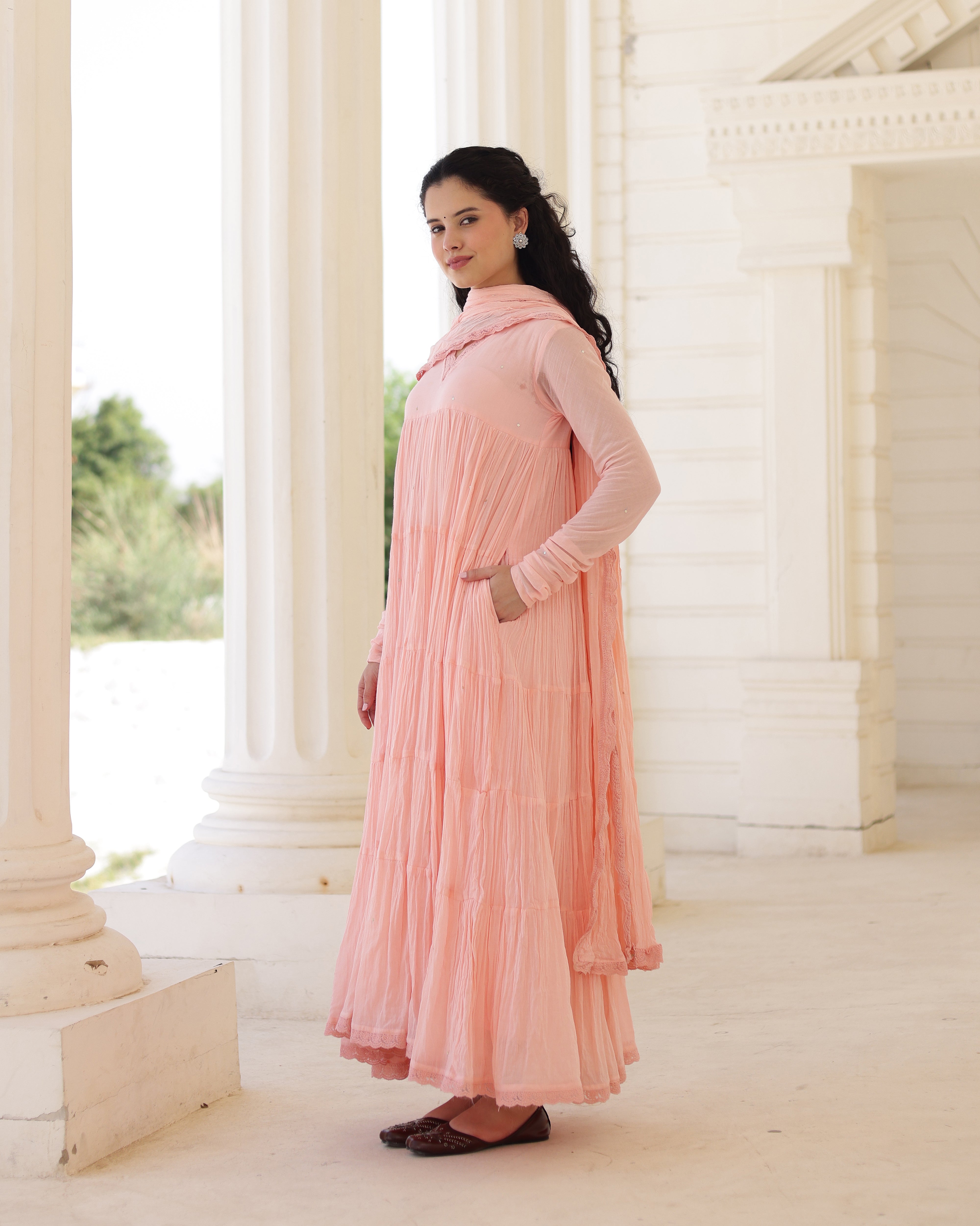 Roselle Blush Peach Cotton Mulmul Tiered Anarkali Suit Set with Dupatta