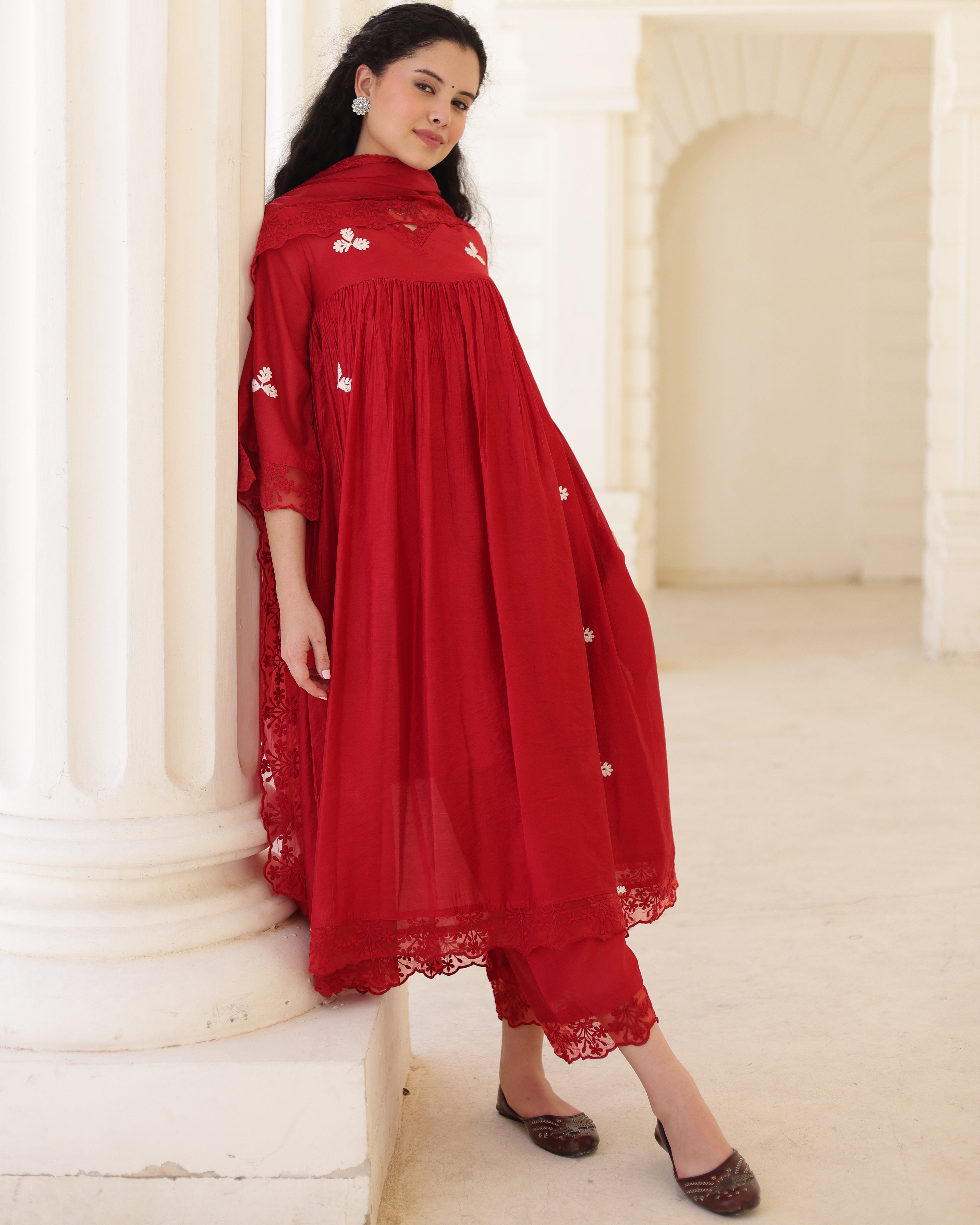 Rouge Ruby Red Chanderi Aari Embroidered Kurta Palazzo Set with Dupatta