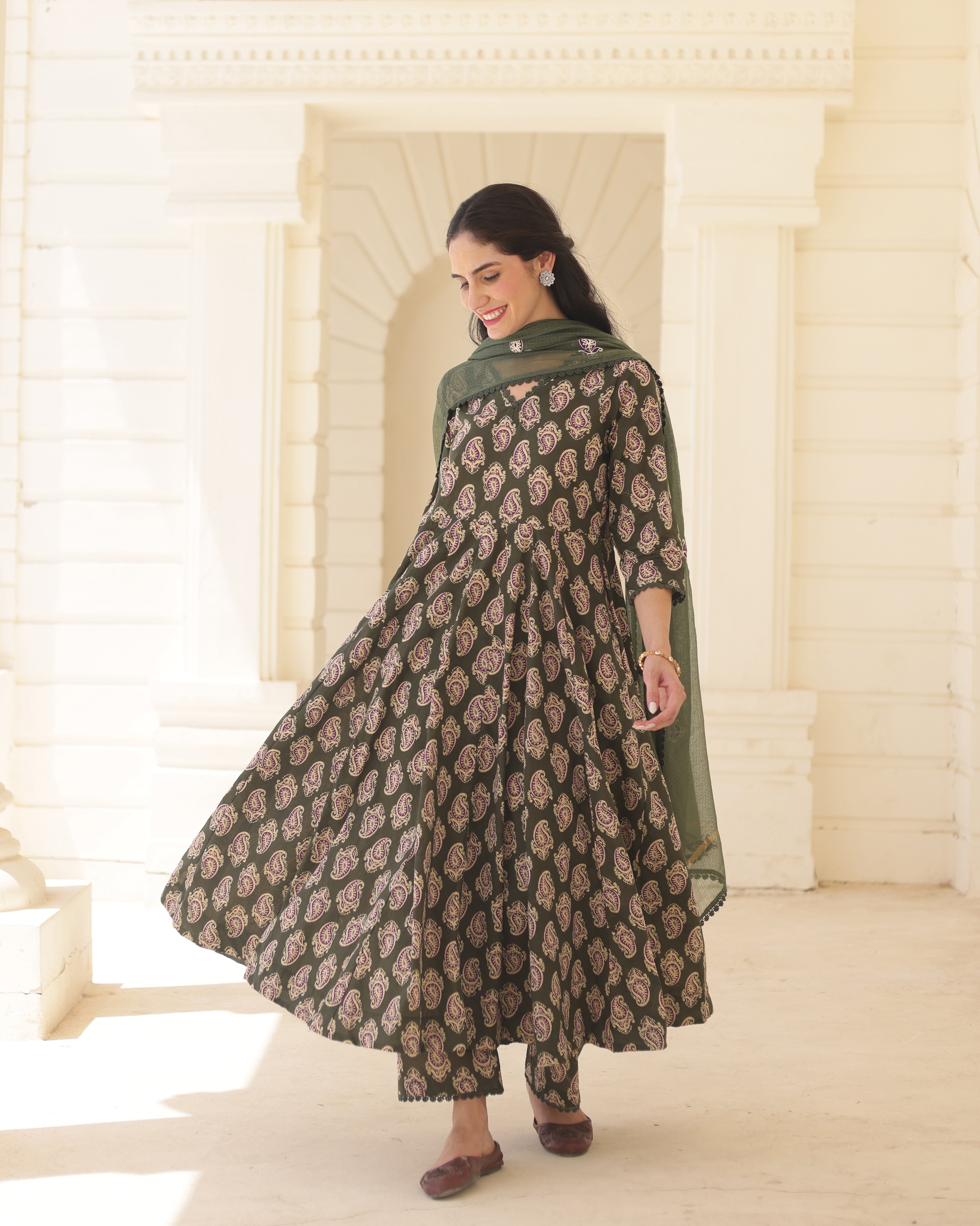Handblock Olive paisley Green Cotton Anarkali Suit Set with Kota Doria Dupatta