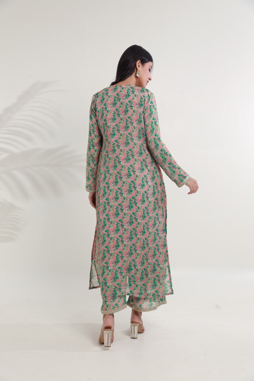 Green pink floral digital print viscose chinon kurta set Asrumo