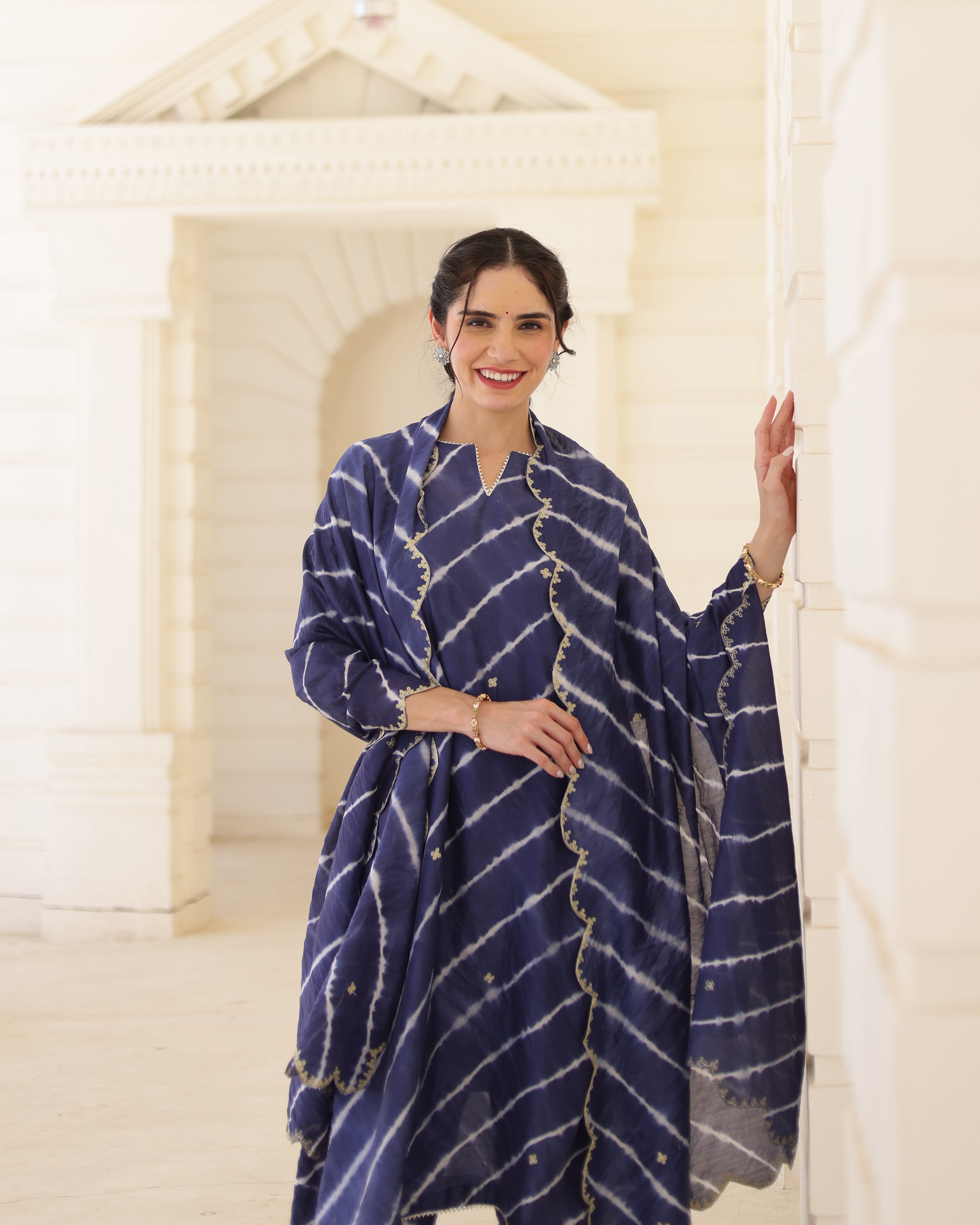 Indigoire Royal blue Chanderi Hand Dyed Leheriya Kurta Set with Zari Aari Embroidery