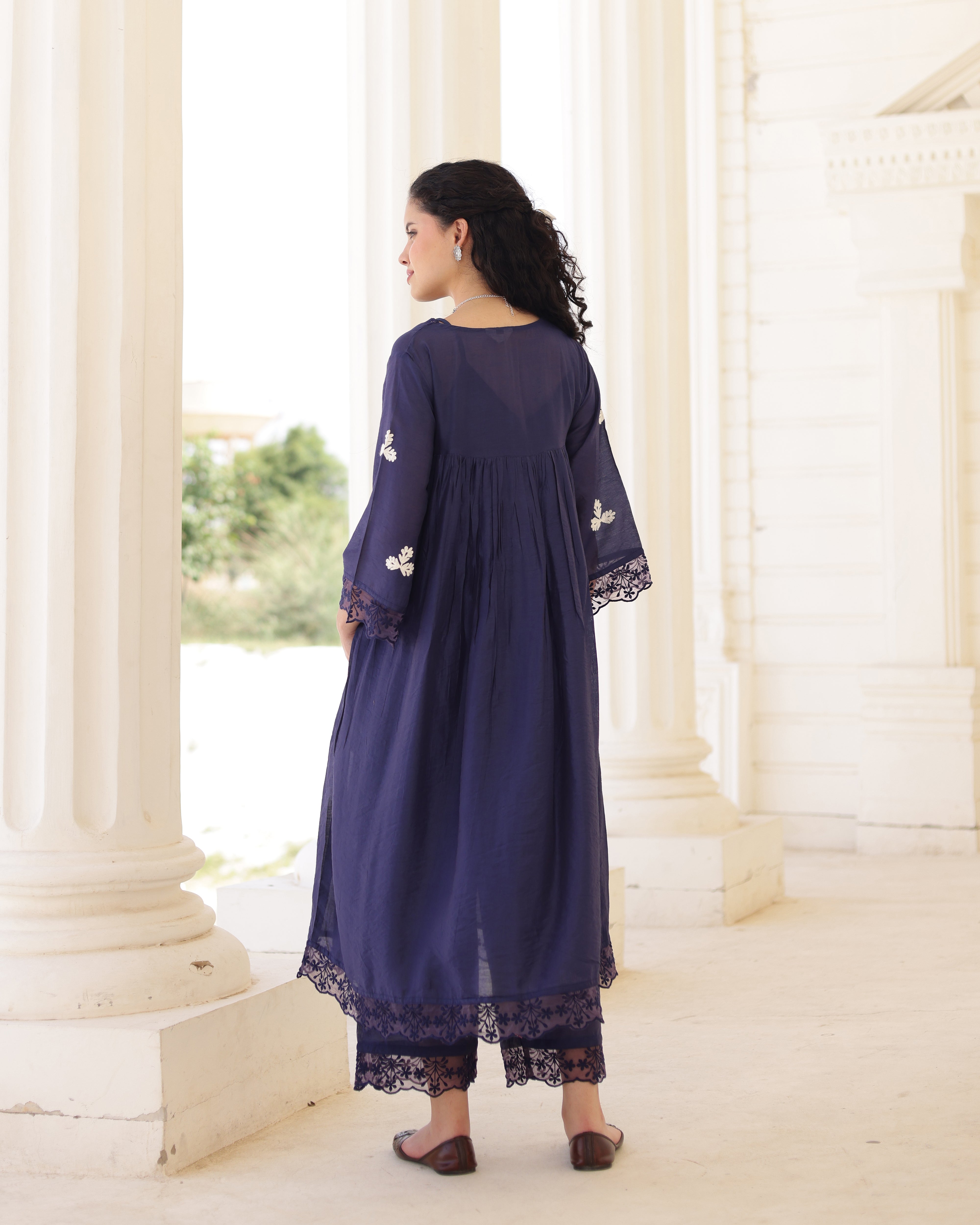 Midnight Muse Navy Chanderi Aari Embroidered Kurta Palazzo Set