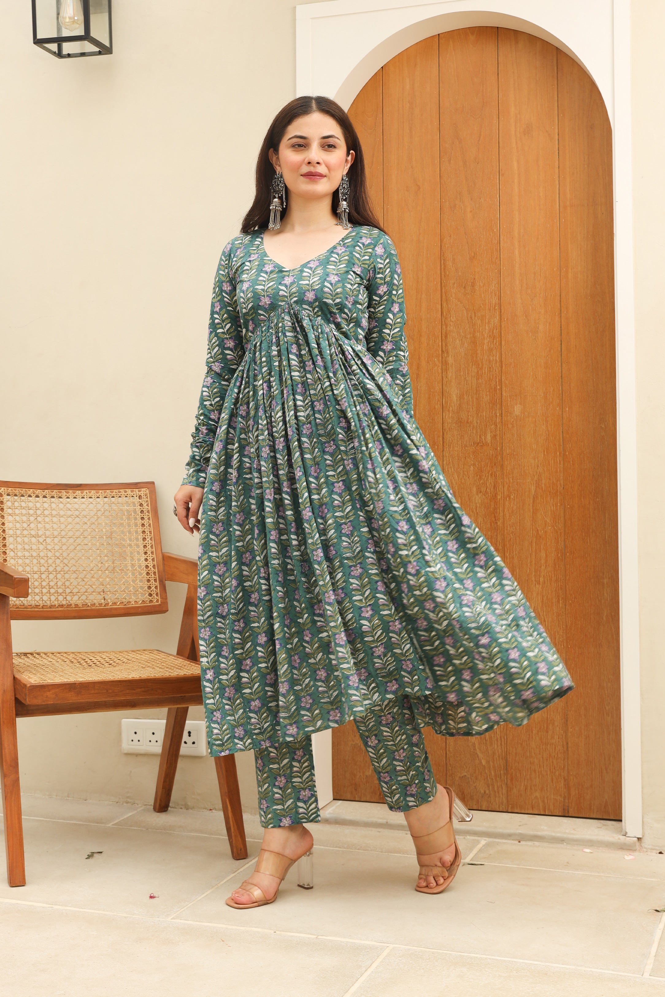 Pine green Cotton Handblock Anarkali Suit Set Asrumo