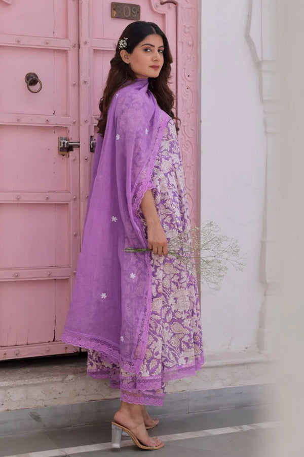 Purple Jaal Handblock Cotton Anarkali With Doriya Dupatta