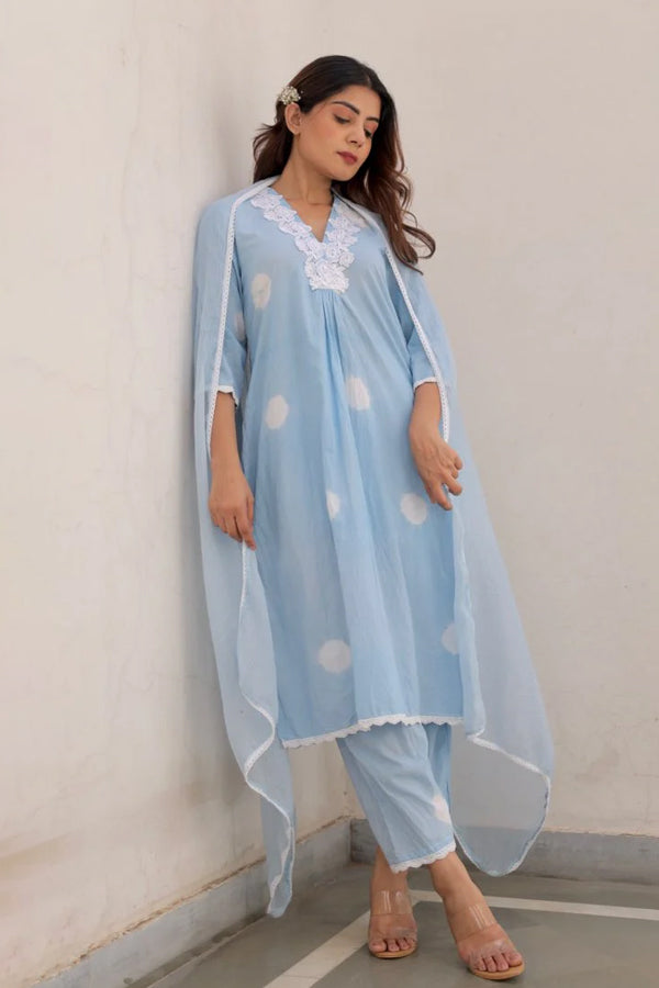 Blue Cotton Tie & Dye White Lace Straight Set with Doriya Dupatta