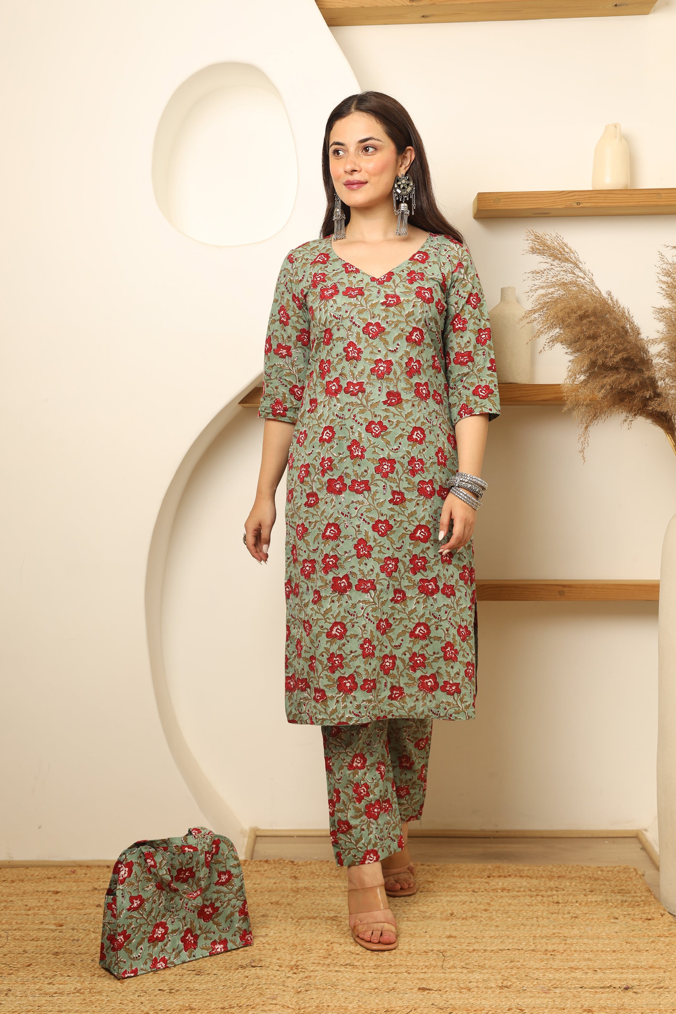 Green Red Flowery Cotton Handblock Print Suit Set Asrumo