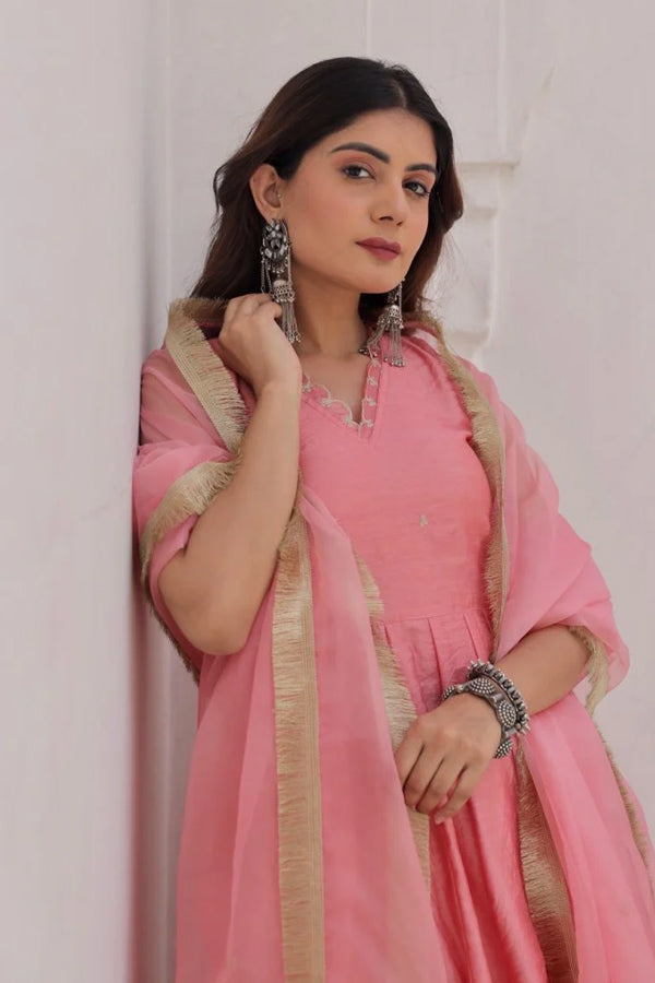 Pink Chanderi Zari work Anarkali with organza dupatta