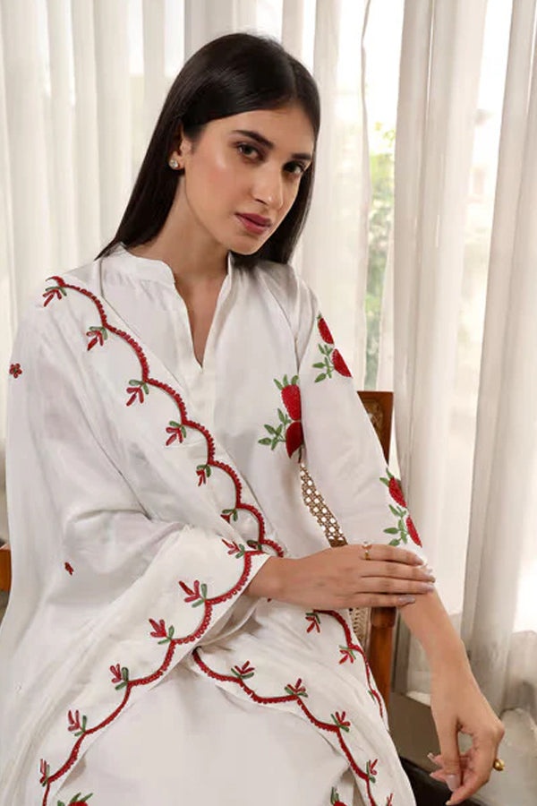 White Muslin Red Flower Embroidered A-Line Straight Set