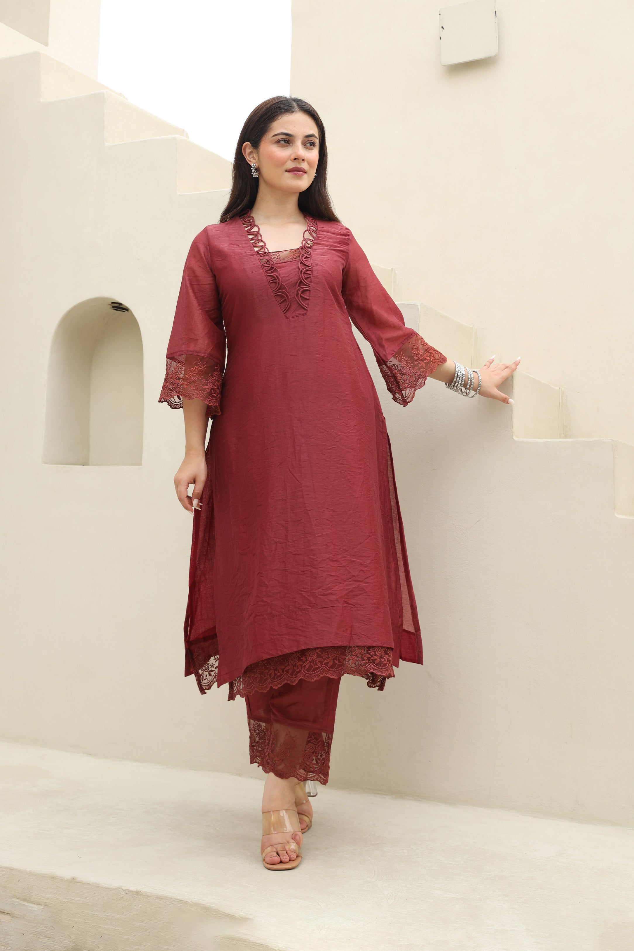 Maroon Elegance Chanderi Suit Set Asrumo