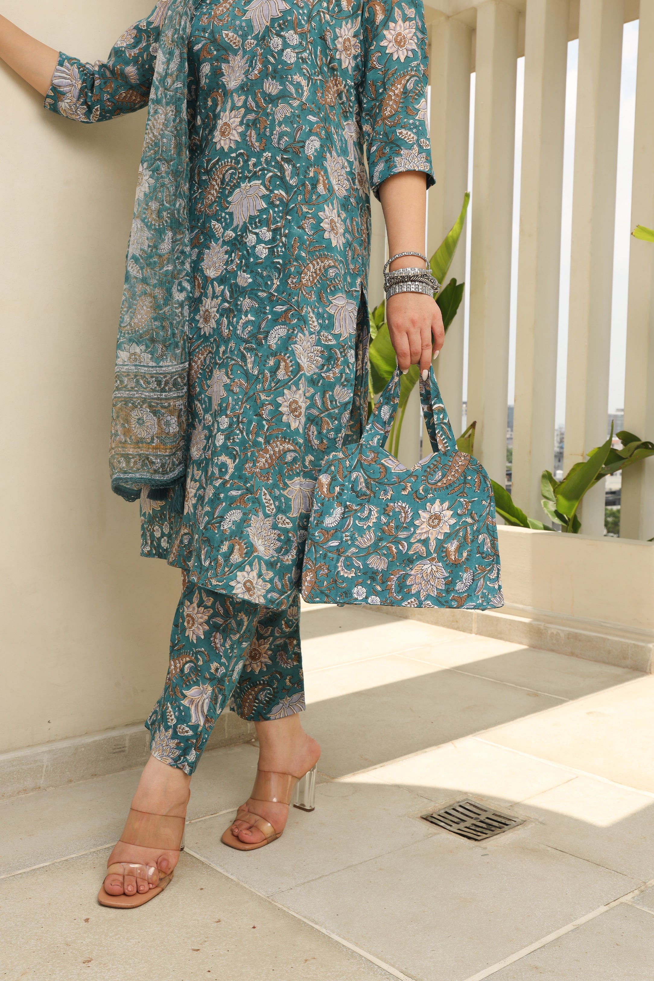 Sea Green Flowery Cotton Handblock Print Suit Set Asrumo