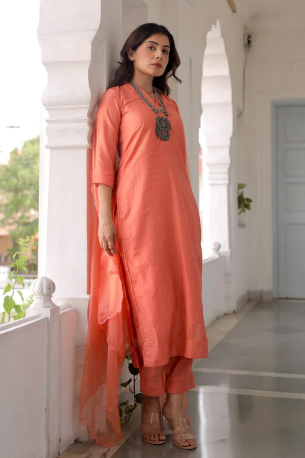 Orange Muslin Straight Set With Organza Dupatta