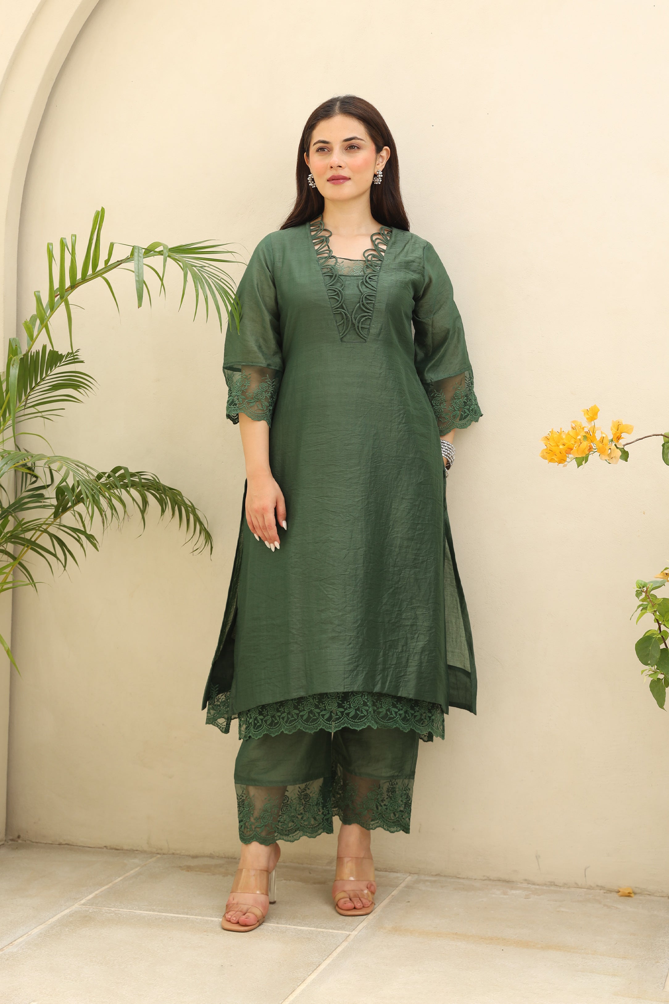 Emerald Elegance Chanderi fabric suit set Asrumo