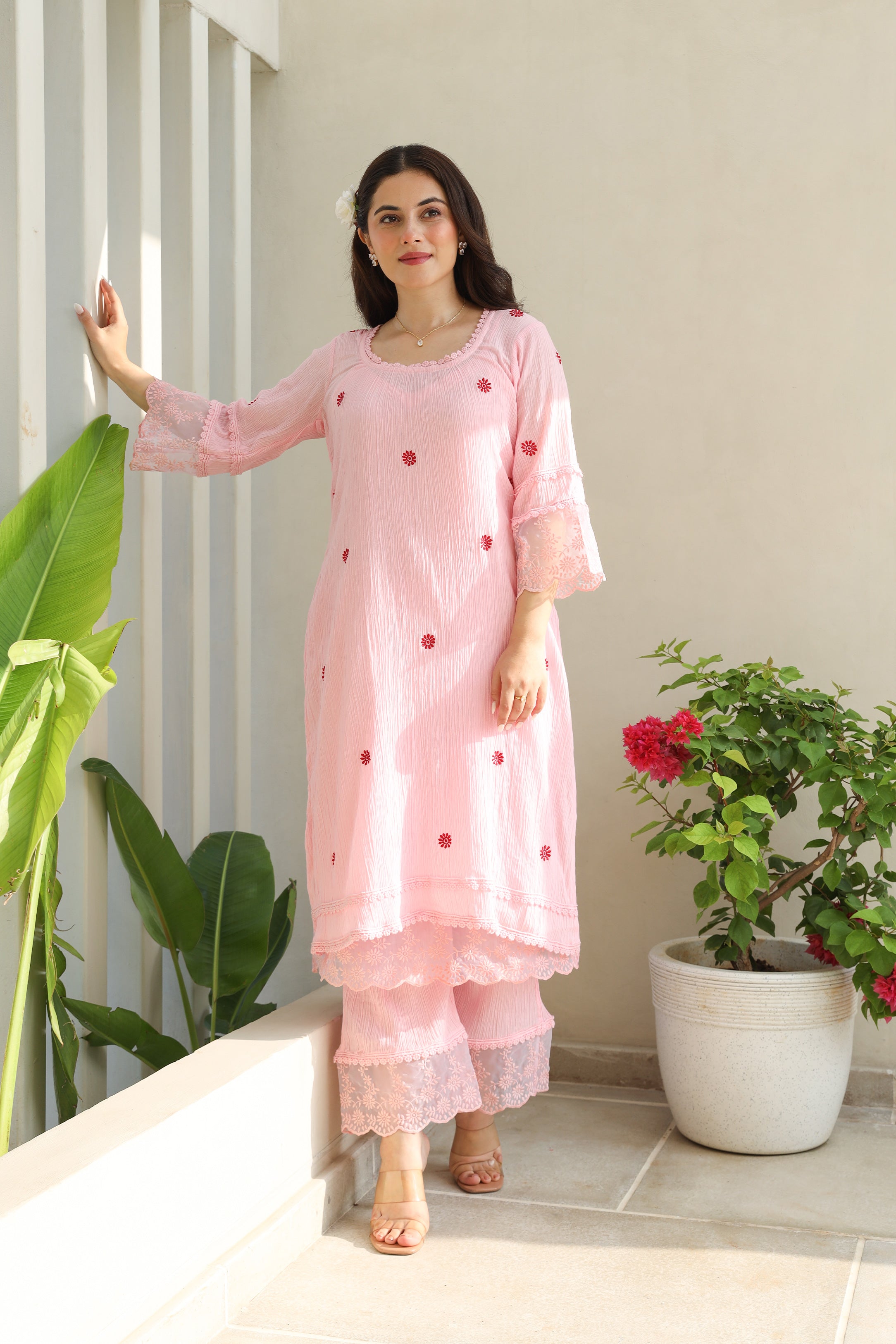 Floral Elegance Pink Cotton Gauze Kurta Set with Kota Doriya Dupatta Asrumo