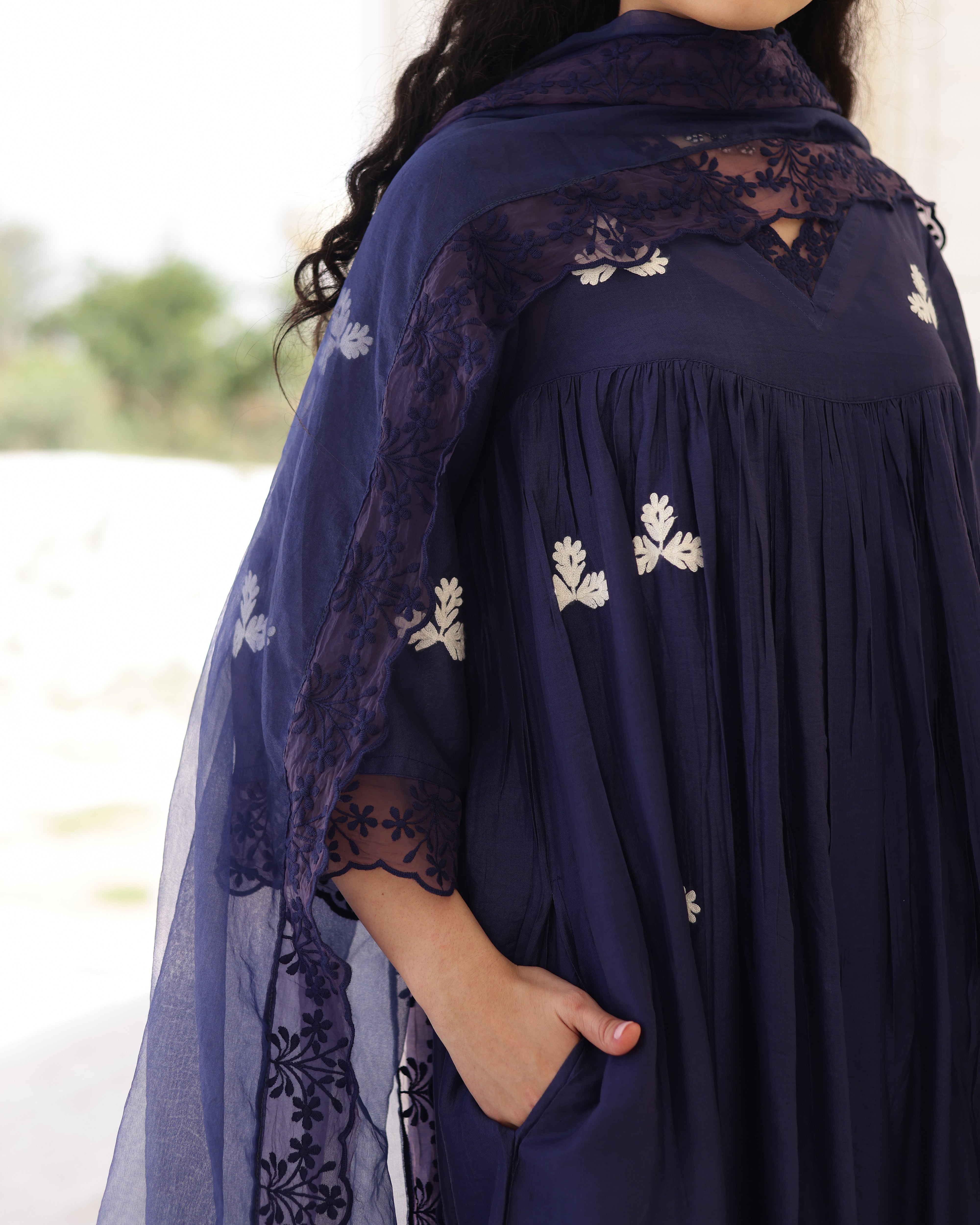 Midnight Muse Navy Chanderi Aari Embroidered Kurta Palazzo Set
