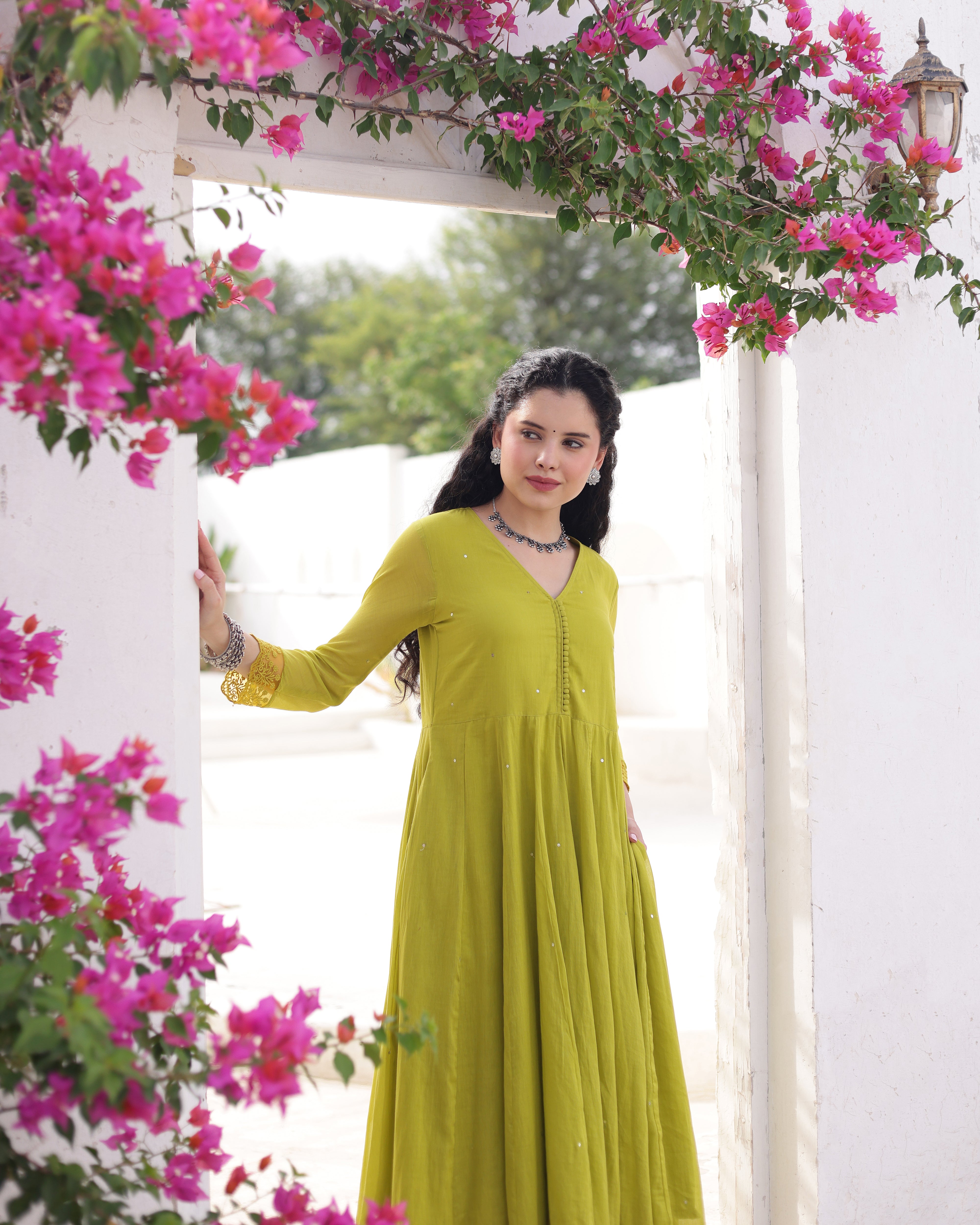 Zariya Pistachio Cotton Mulmul Taari Embroidered Anarkali Suit Set