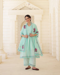 Floris Mint Chanderi Aari Embroidered Kurta Palazzo Set with Floral Dupatta