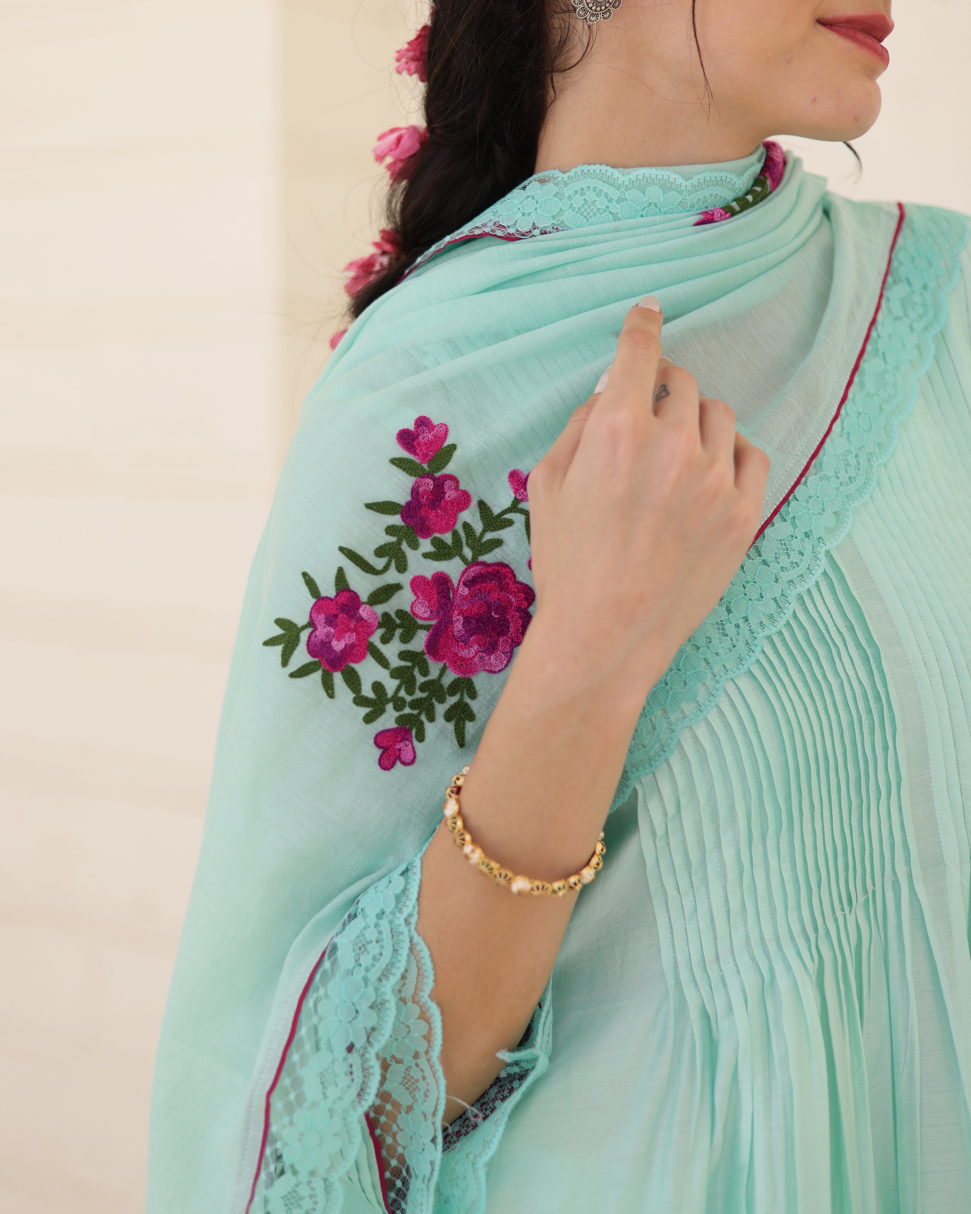 Floris Mint Chanderi Aari Embroidered Kurta Palazzo Set with Floral Dupatta
