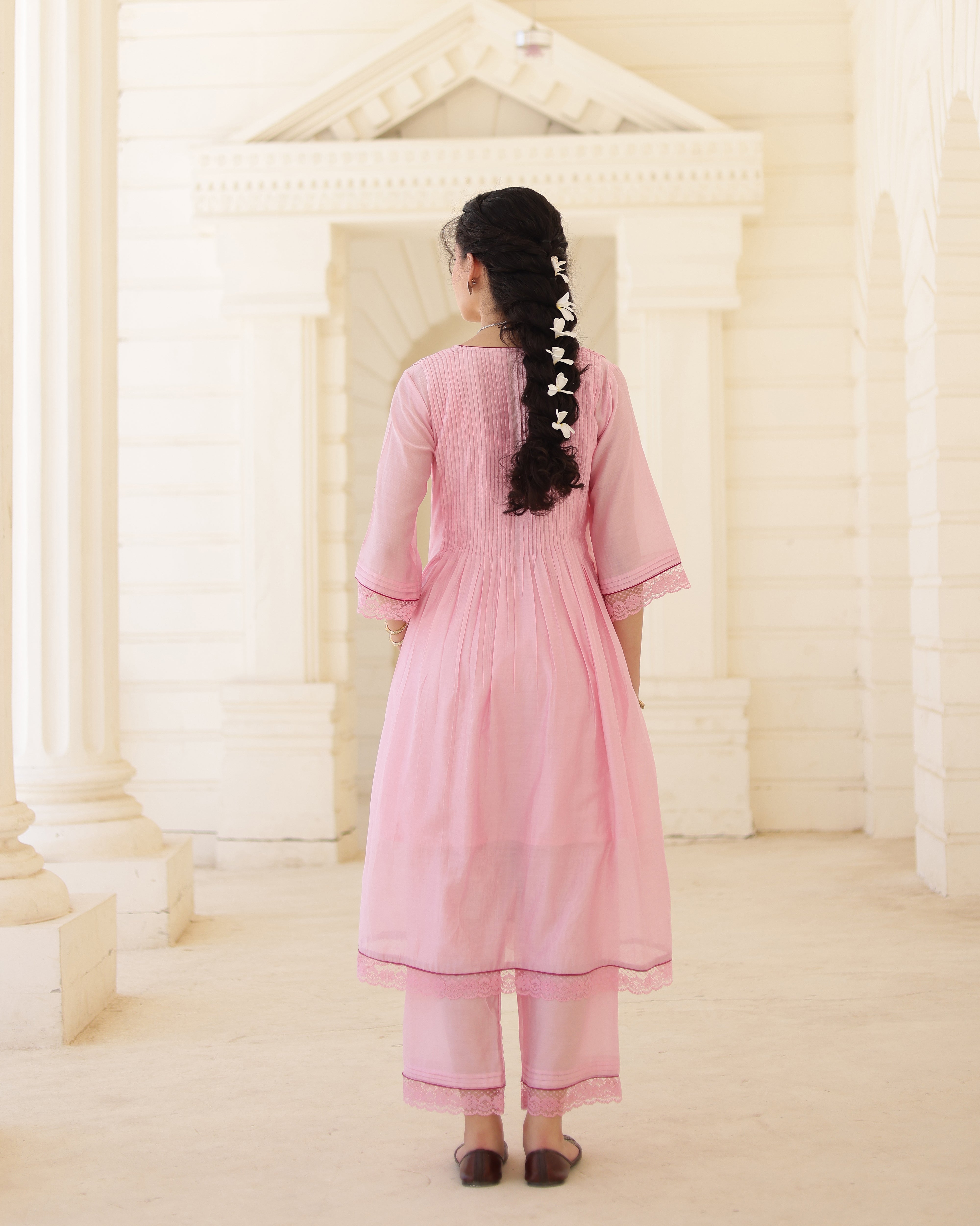 Roselle Blush Pink Chanderi Aari Embroidered Kurta Palazzo Set with Floral Dupatta