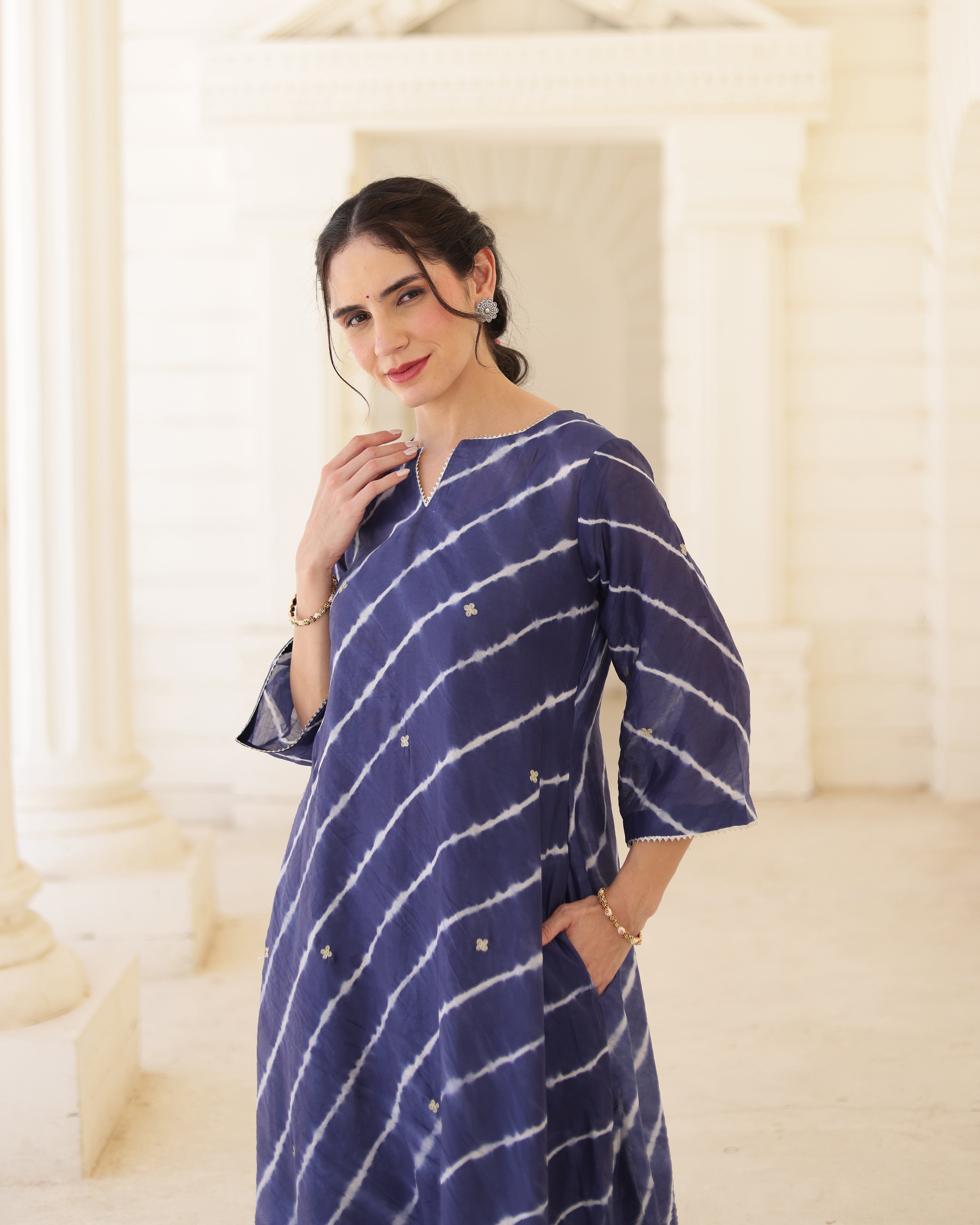 Indigoire Royal blue Chanderi Hand Dyed Leheriya Kurta Set with Zari Aari Embroidery
