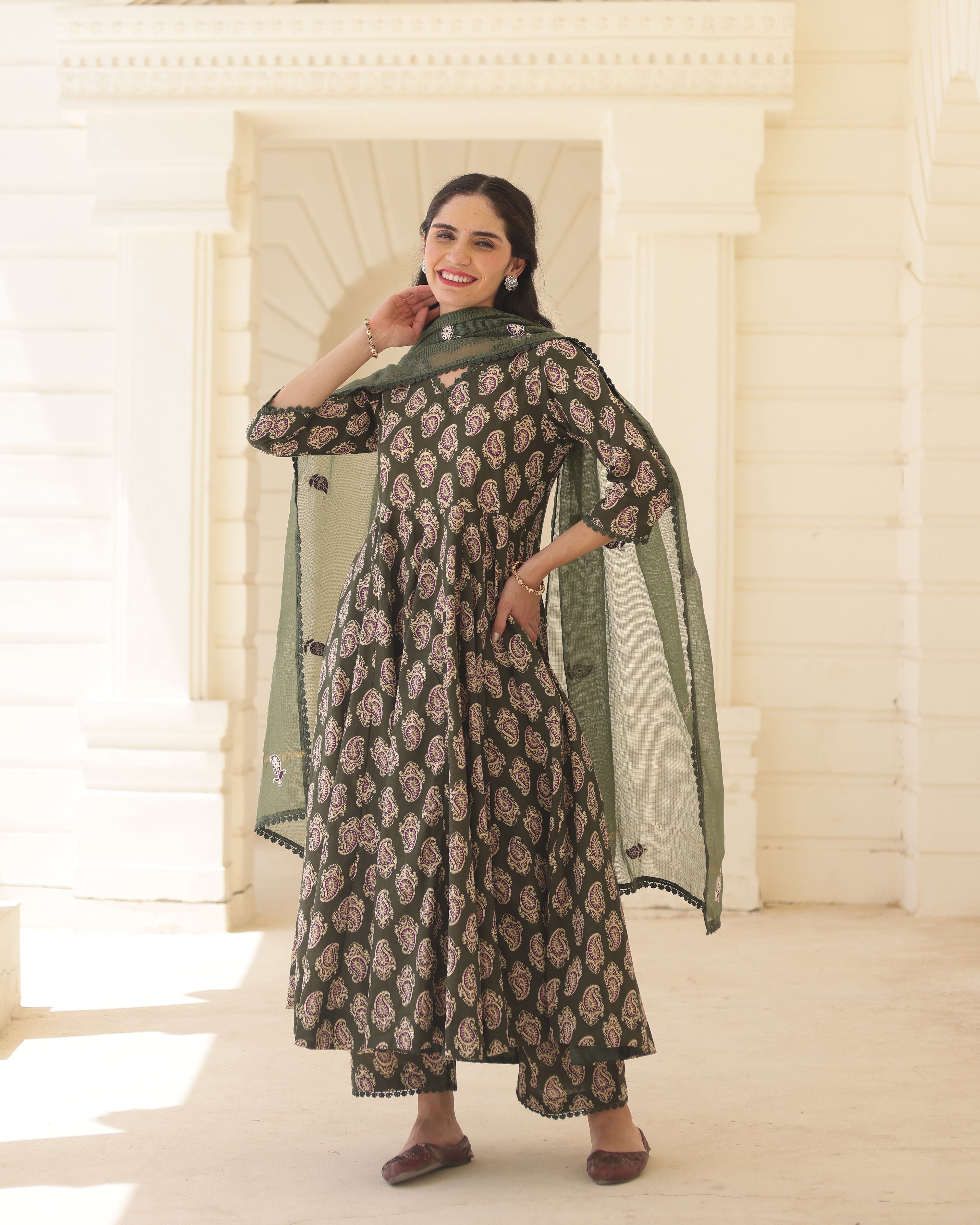 Handblock Olive paisley Green Cotton Anarkali Suit Set with Kota Doria Dupatta